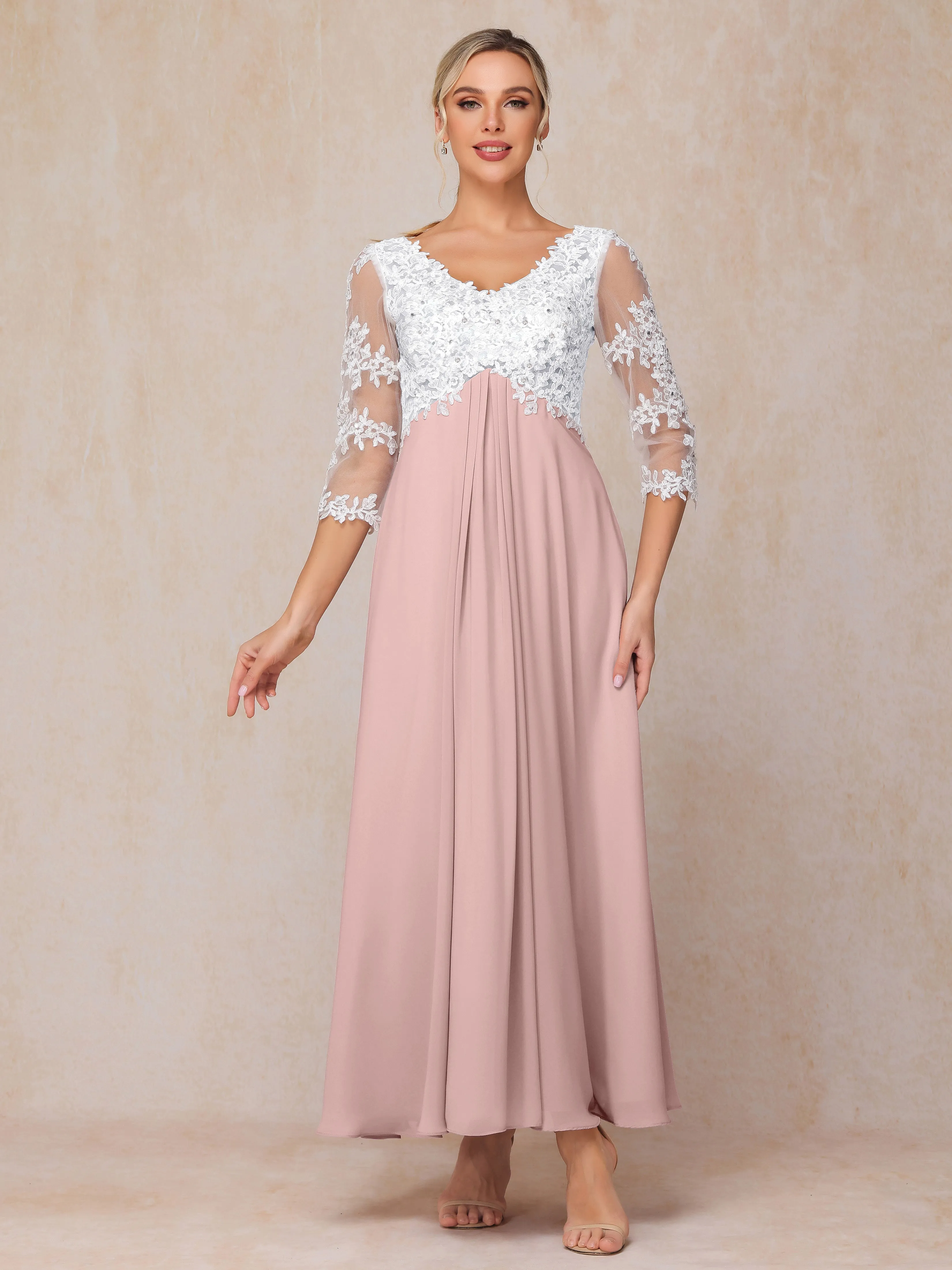 A-Line Lace Sleeves Long Chiffon Mother of the Bride Dress