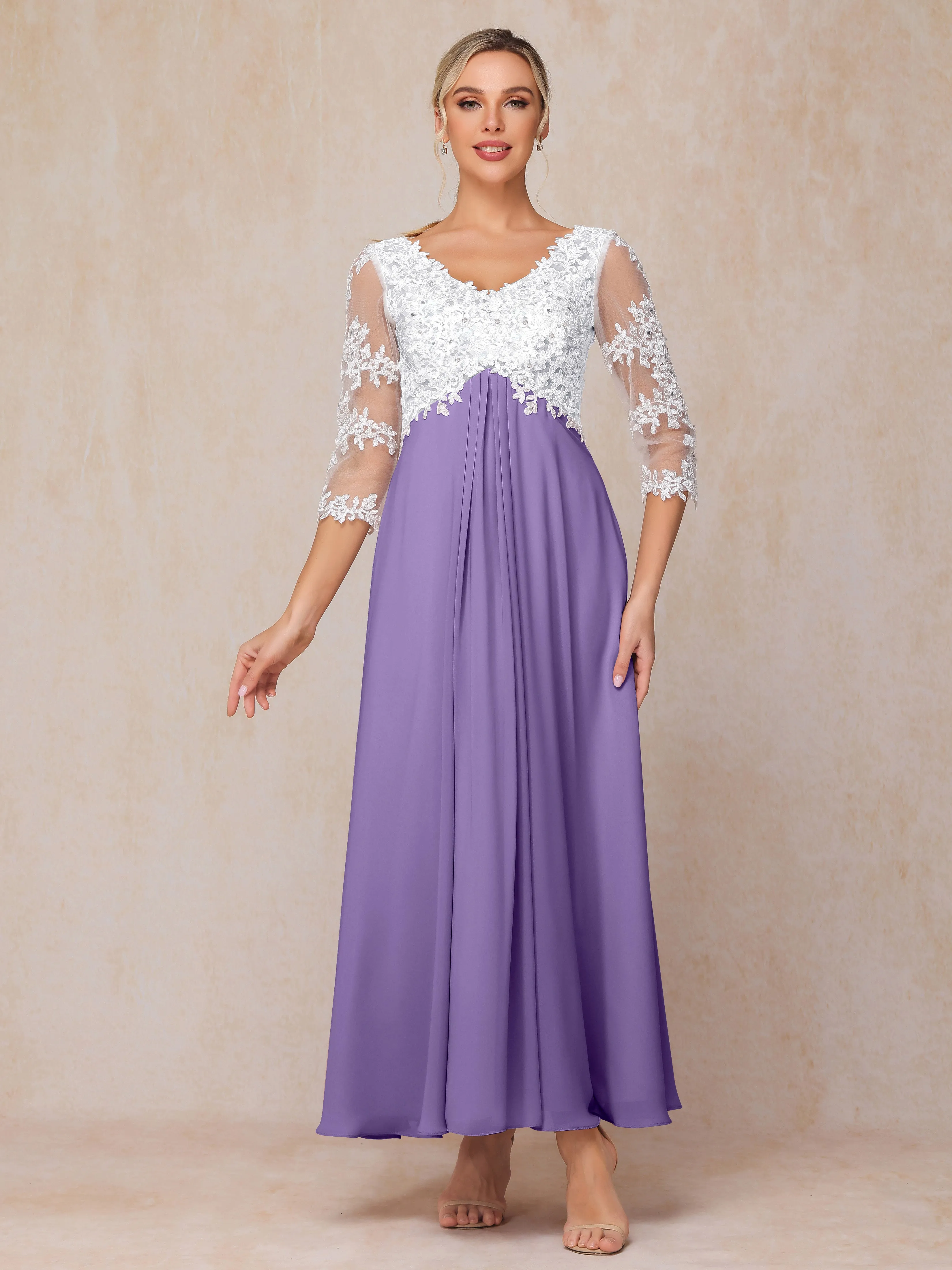 A-Line Lace Sleeves Long Chiffon Mother of the Bride Dress