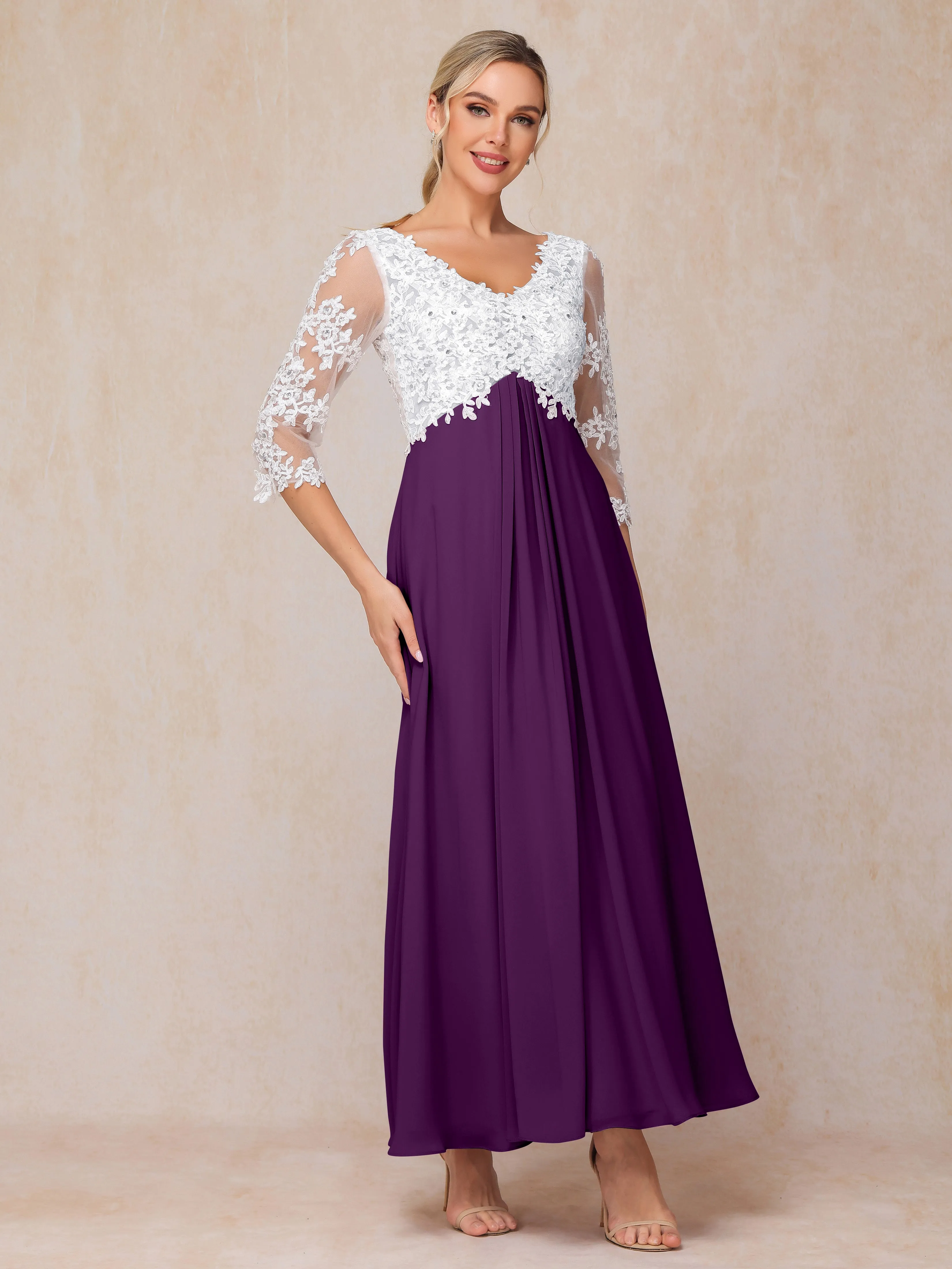 A-Line Lace Sleeves Long Chiffon Mother of the Bride Dress