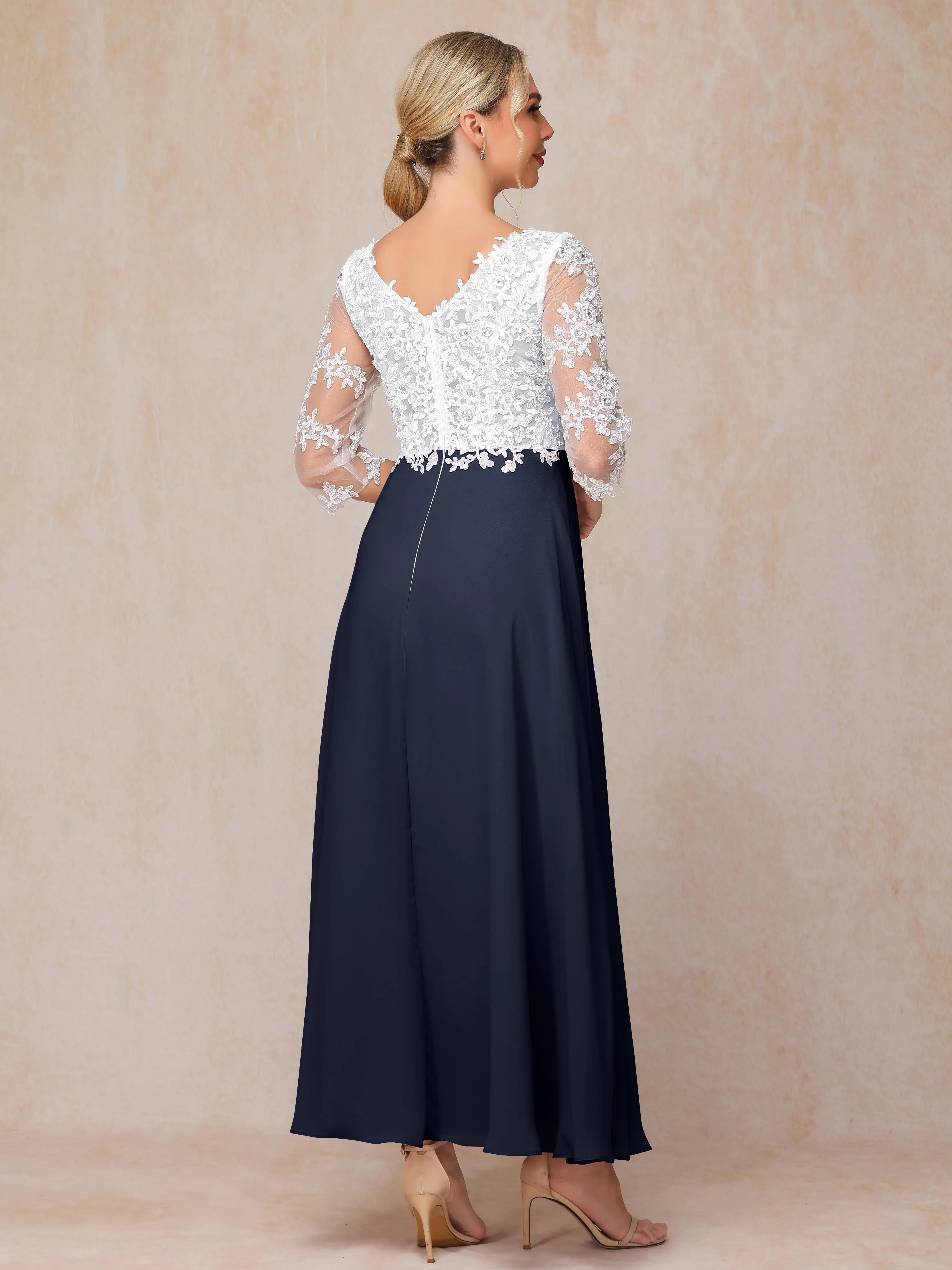 A-Line Lace Sleeves Long Chiffon Mother of the Bride Dress