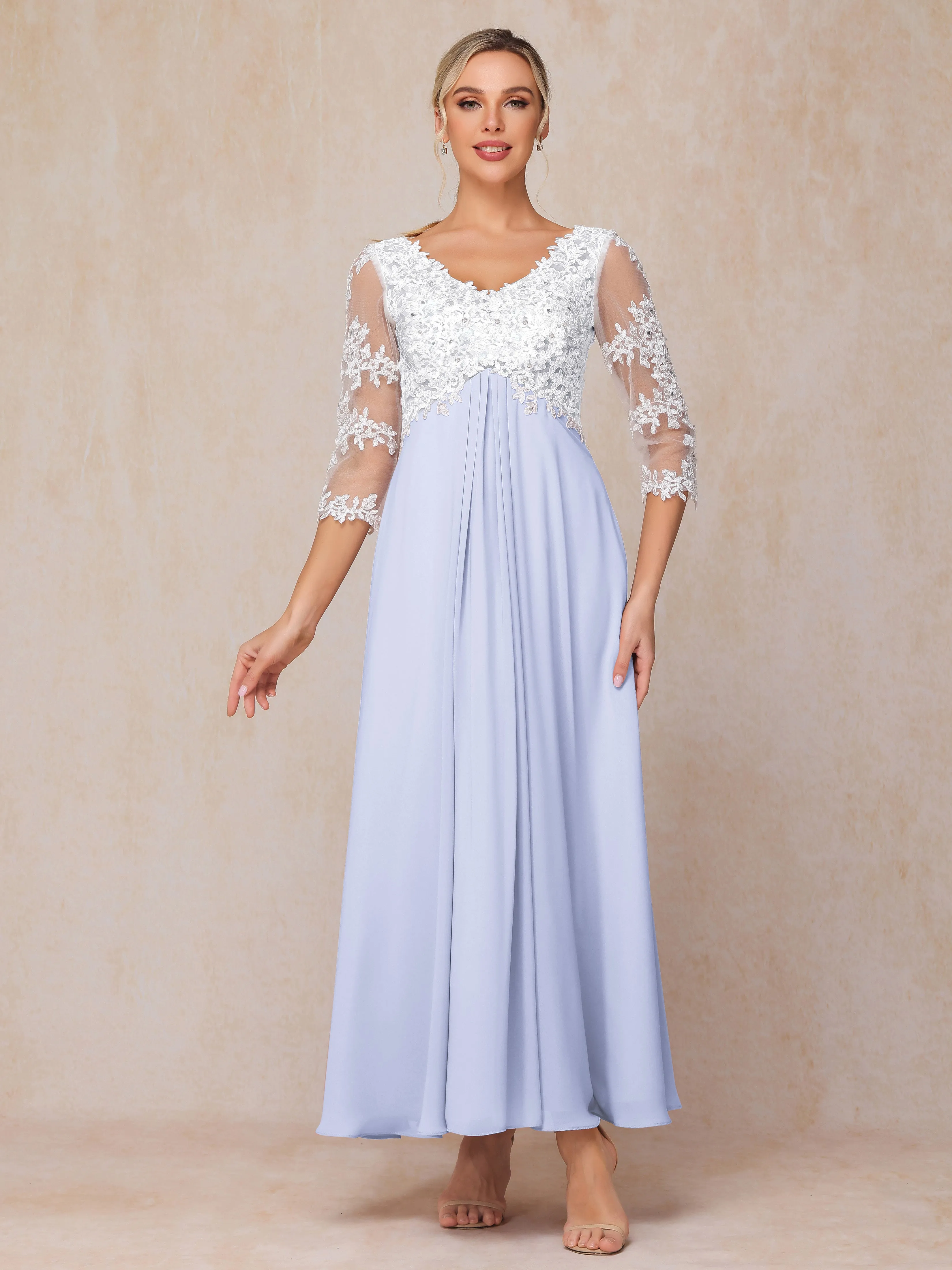 A-Line Lace Sleeves Long Chiffon Mother of the Bride Dress