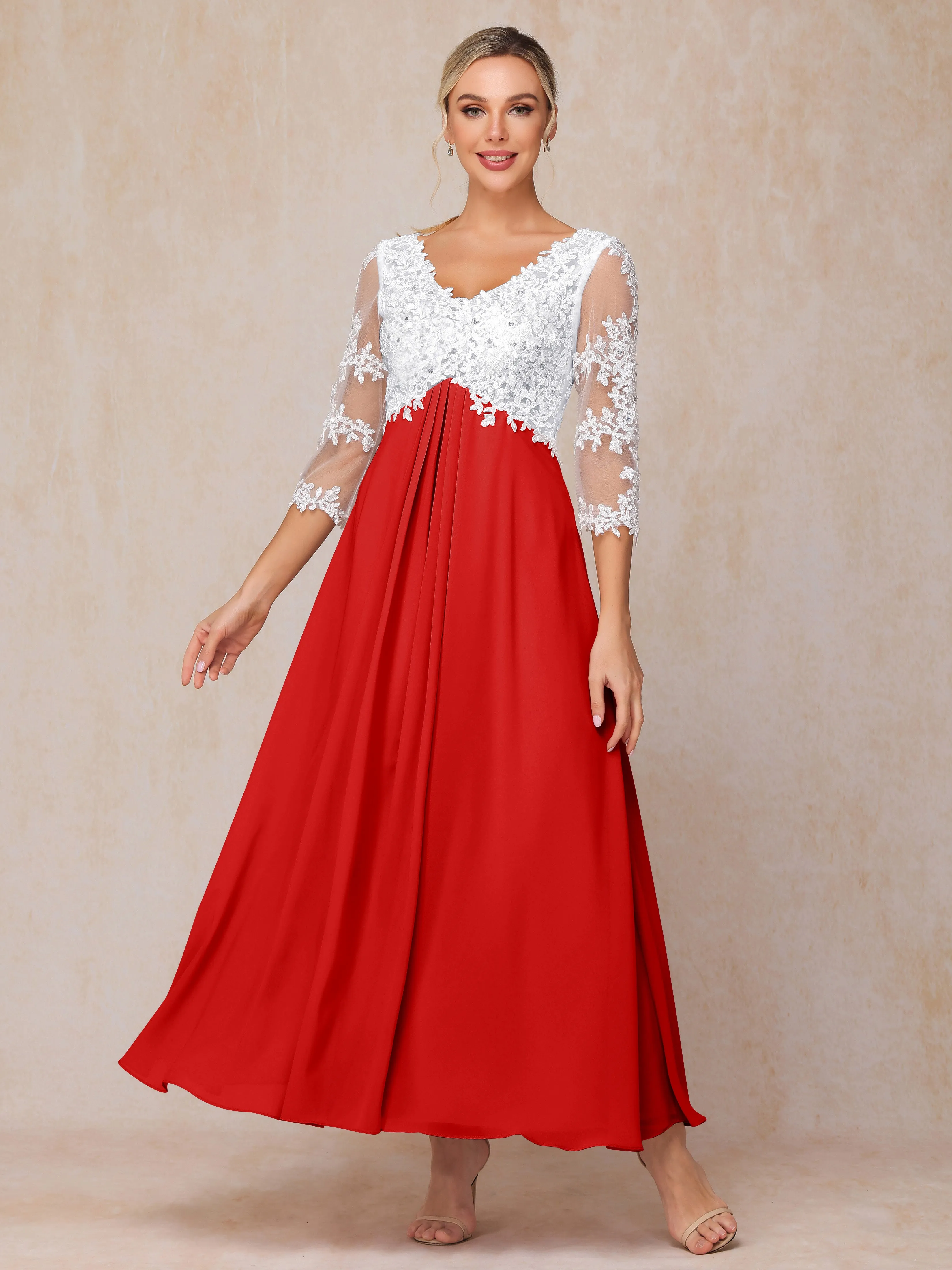 A-Line Lace Sleeves Long Chiffon Mother of the Bride Dress