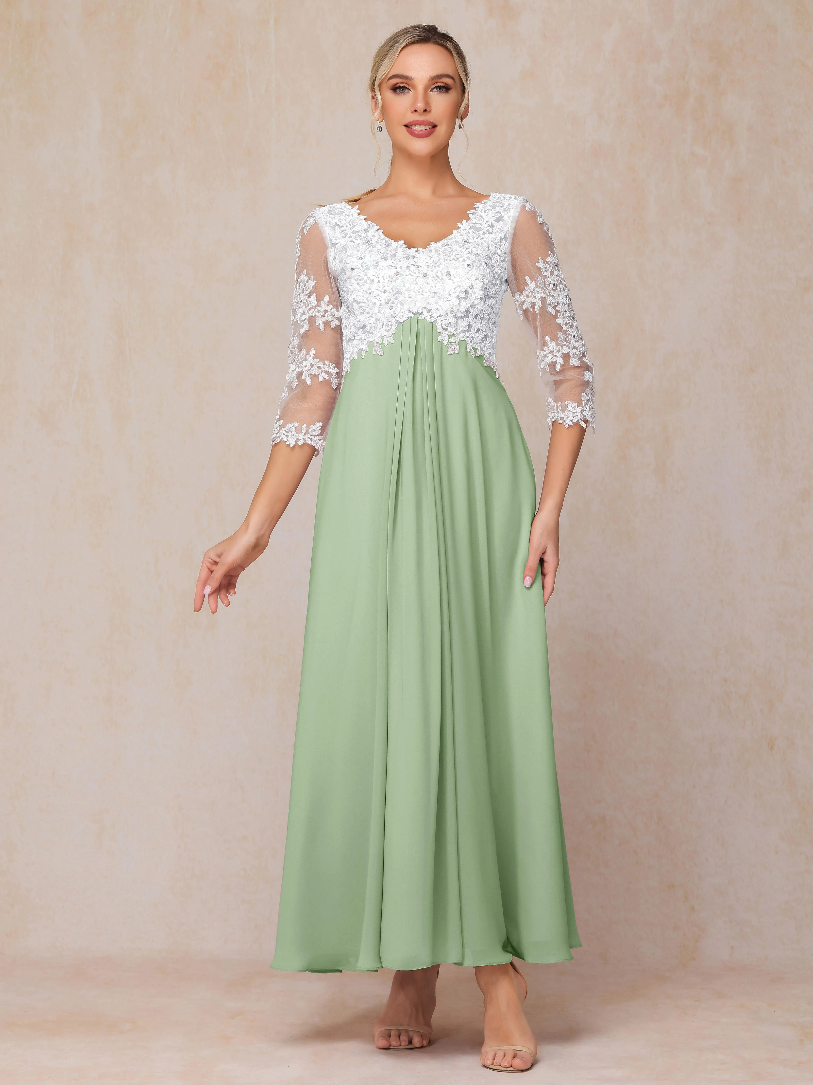 A-Line Lace Sleeves Long Chiffon Mother of the Bride Dress