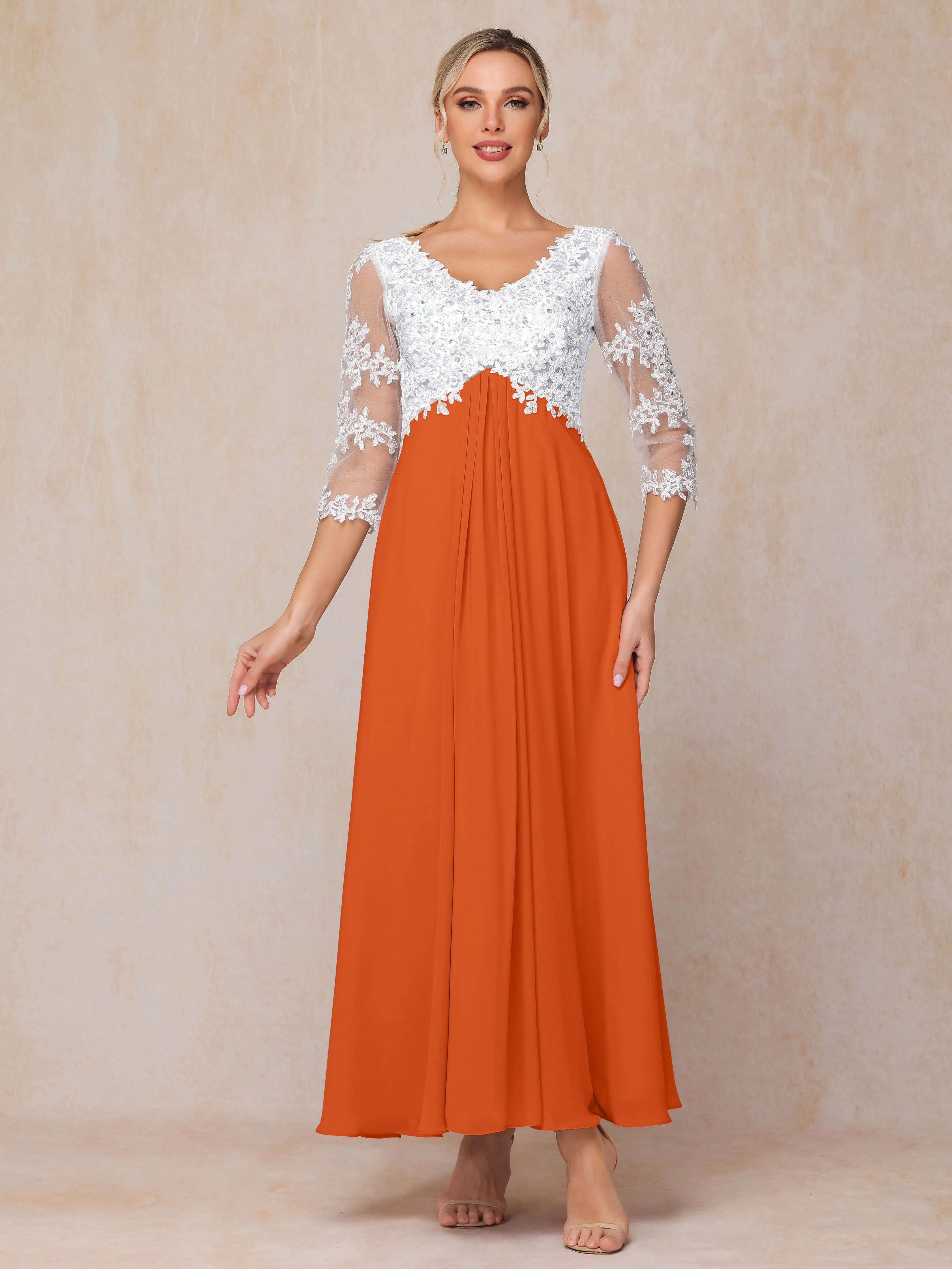 A-Line Lace Sleeves Long Chiffon Mother of the Bride Dress