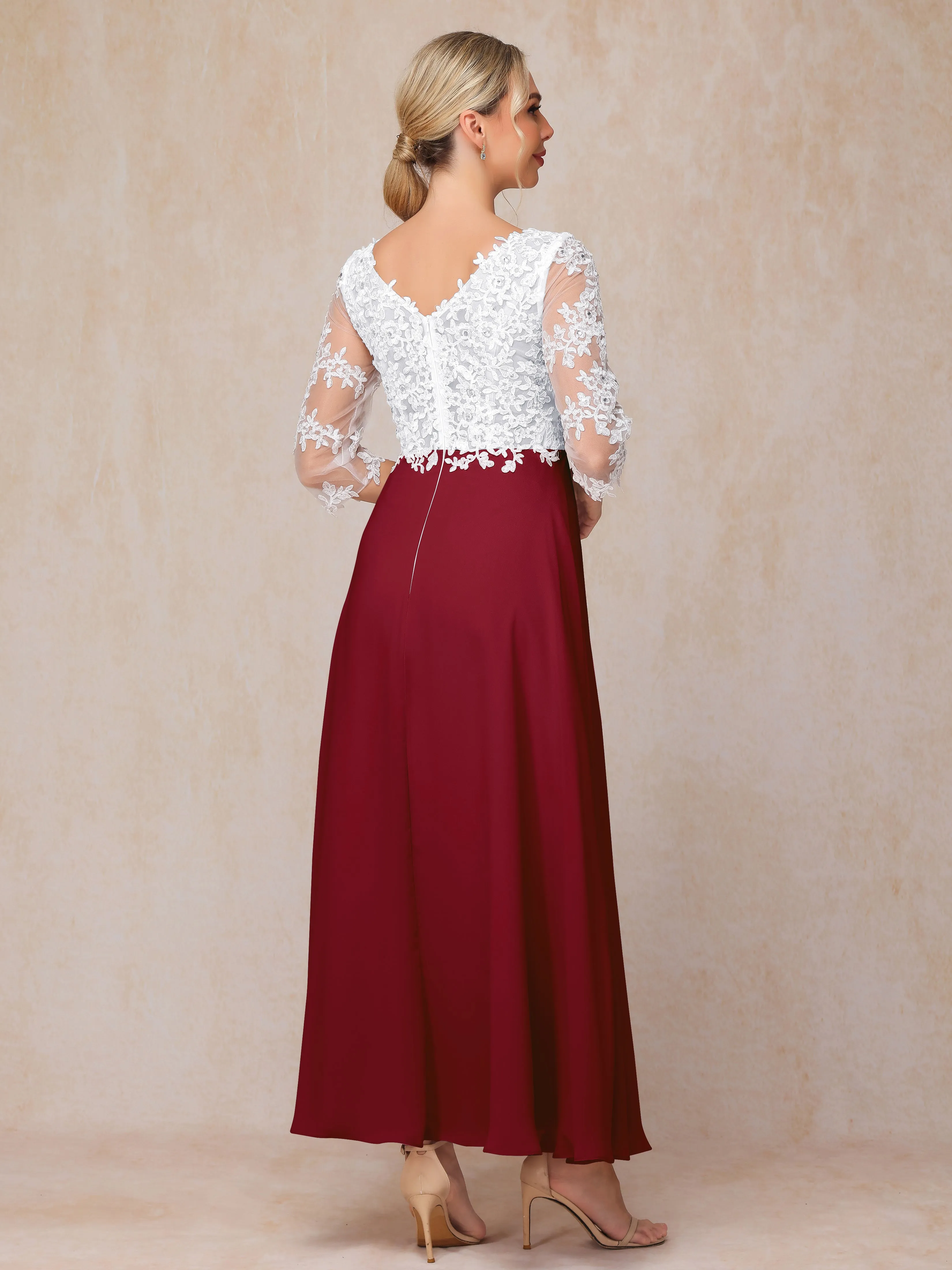 A-Line Lace Sleeves Long Chiffon Mother of the Bride Dress