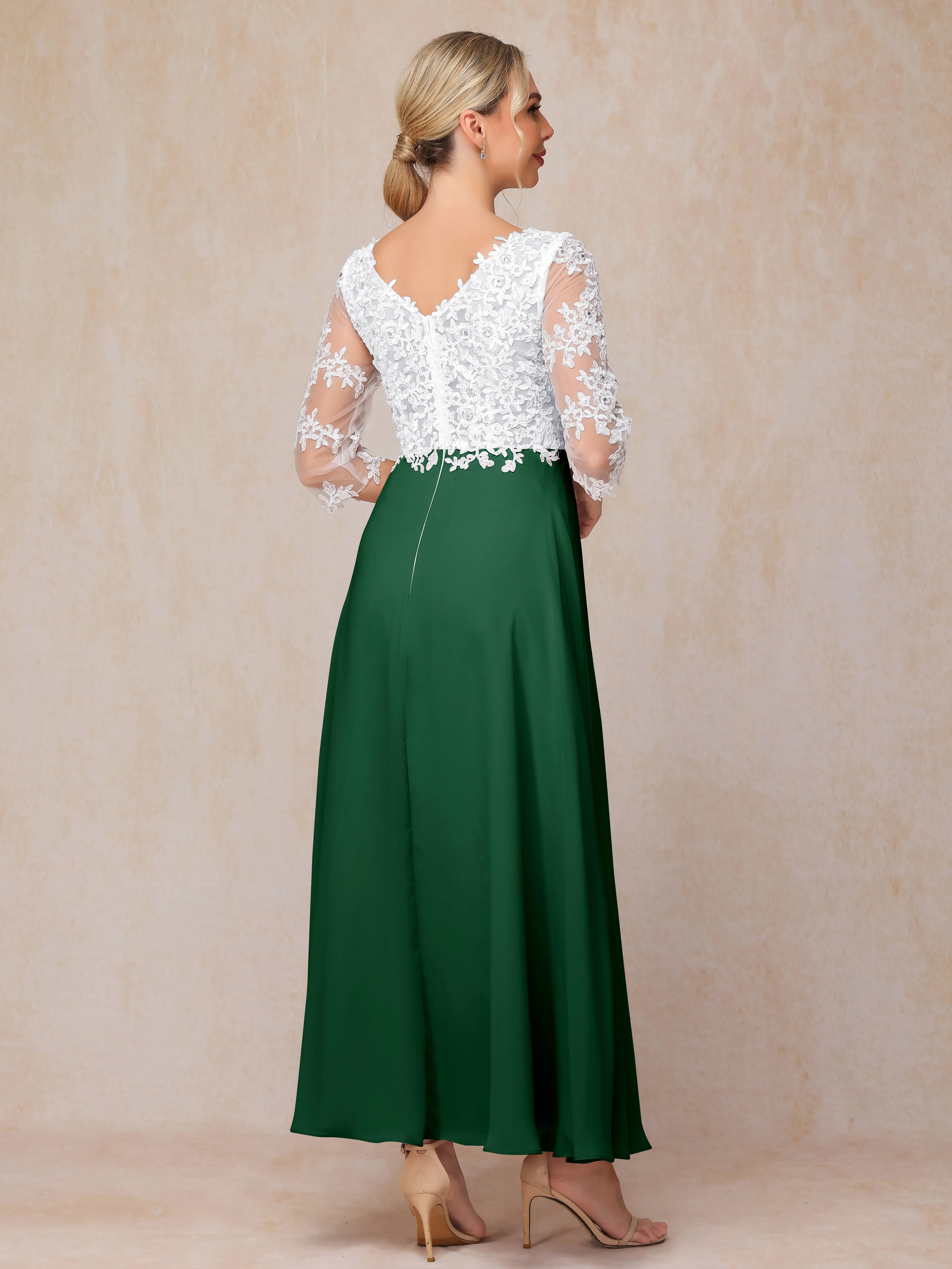 A-Line Lace Sleeves Long Chiffon Mother of the Bride Dress