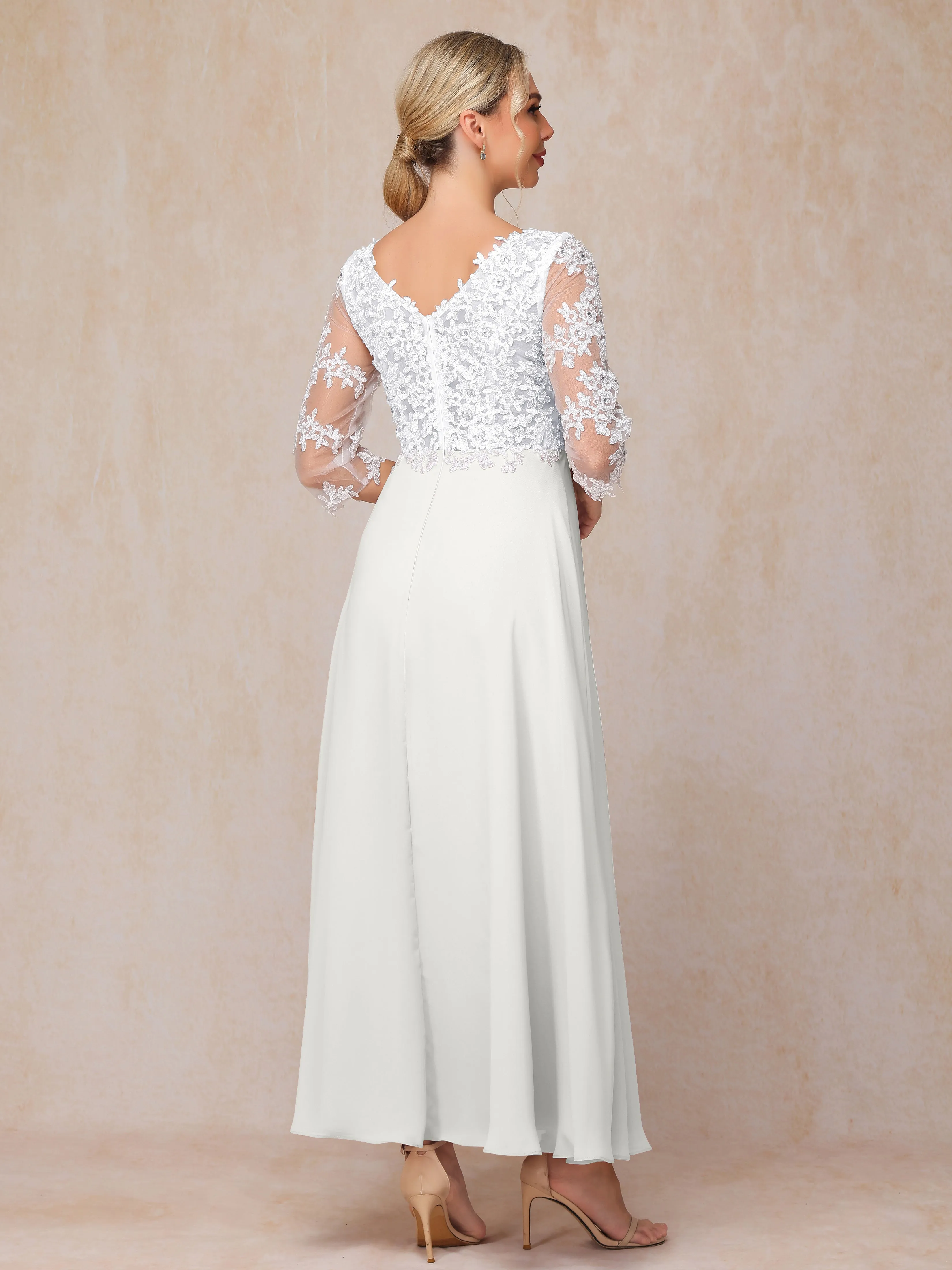 A-Line Lace Sleeves Long Chiffon Mother of the Bride Dress