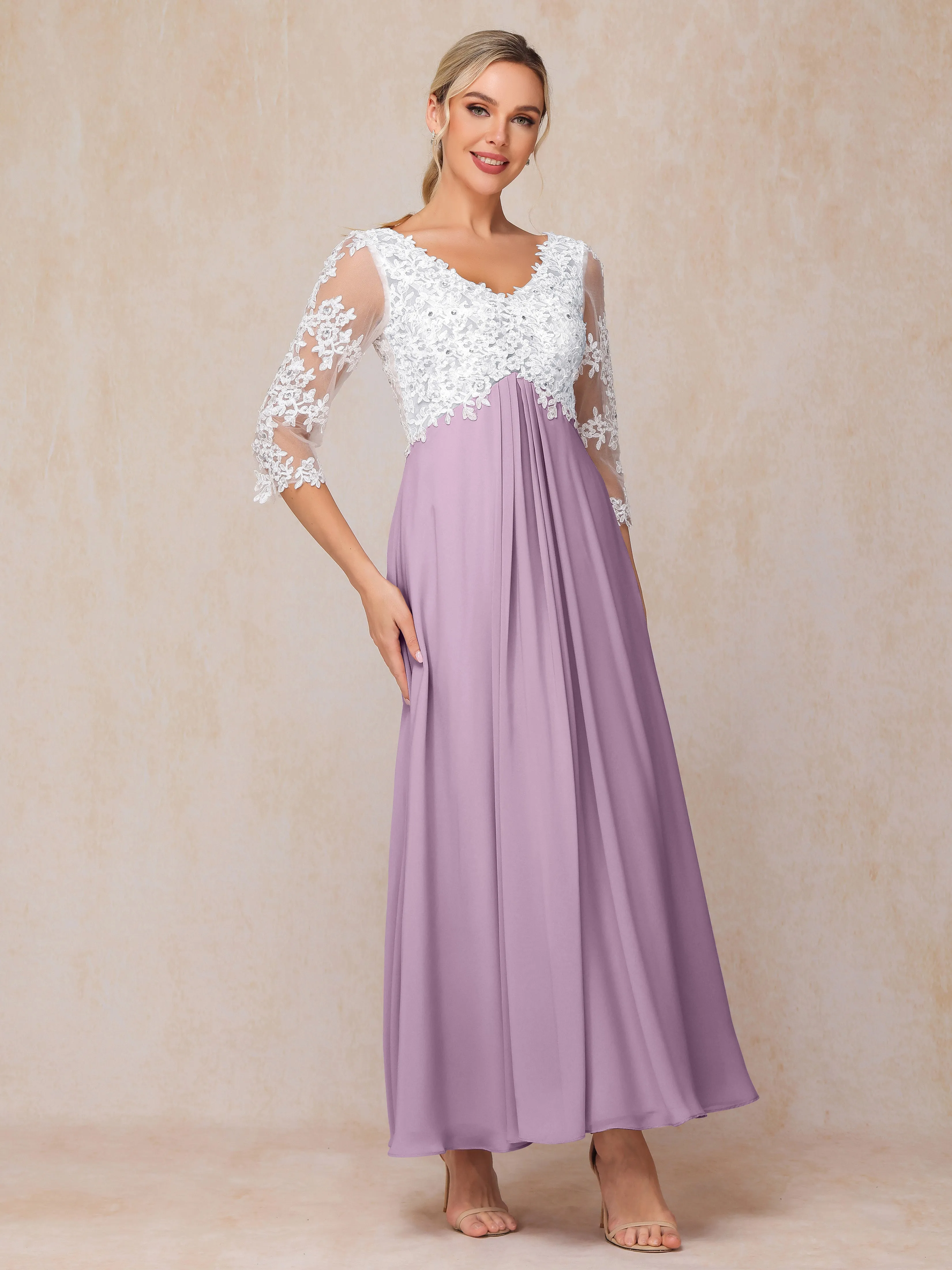 A-Line Lace Sleeves Long Chiffon Mother of the Bride Dress