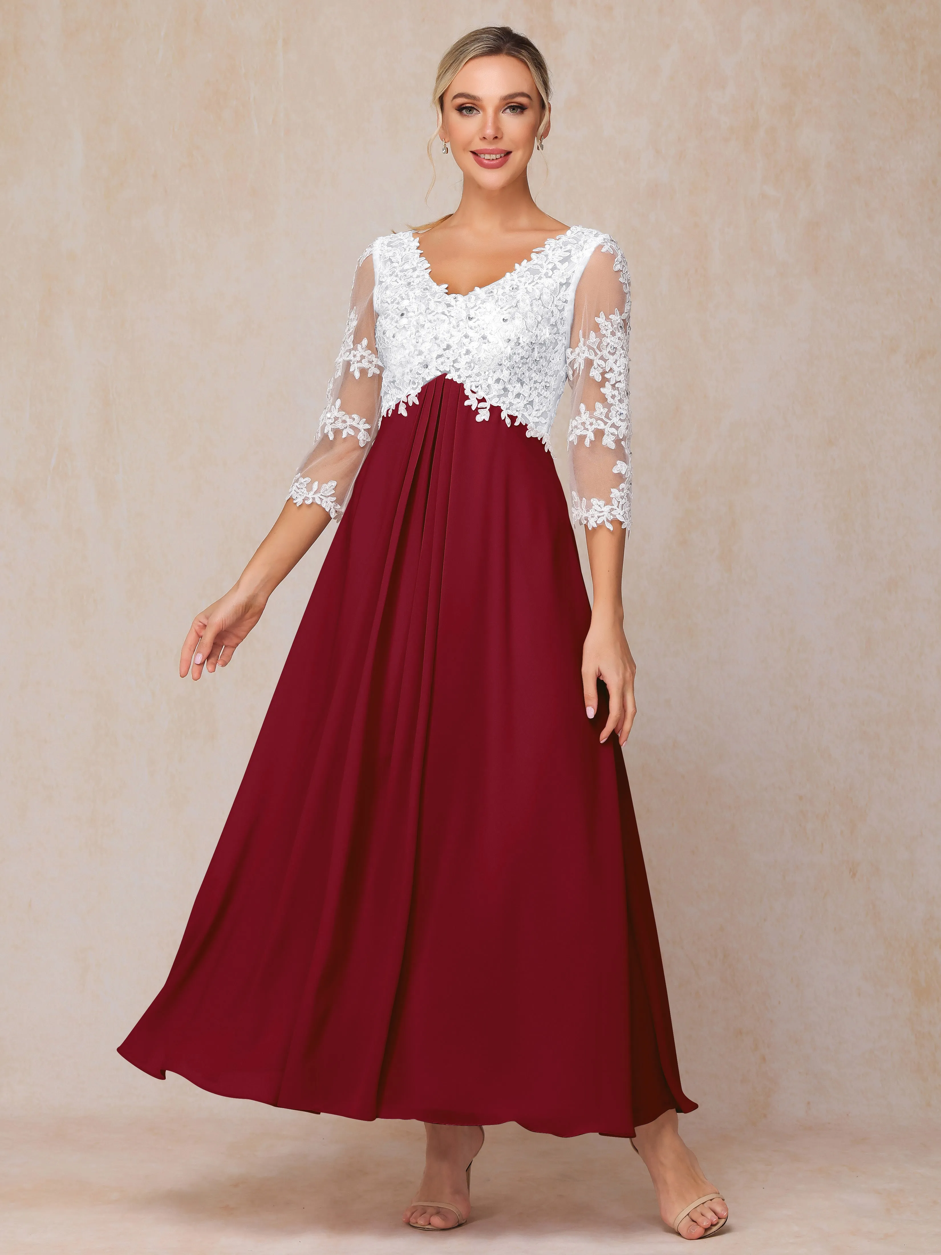 A-Line Lace Sleeves Long Chiffon Mother of the Bride Dress