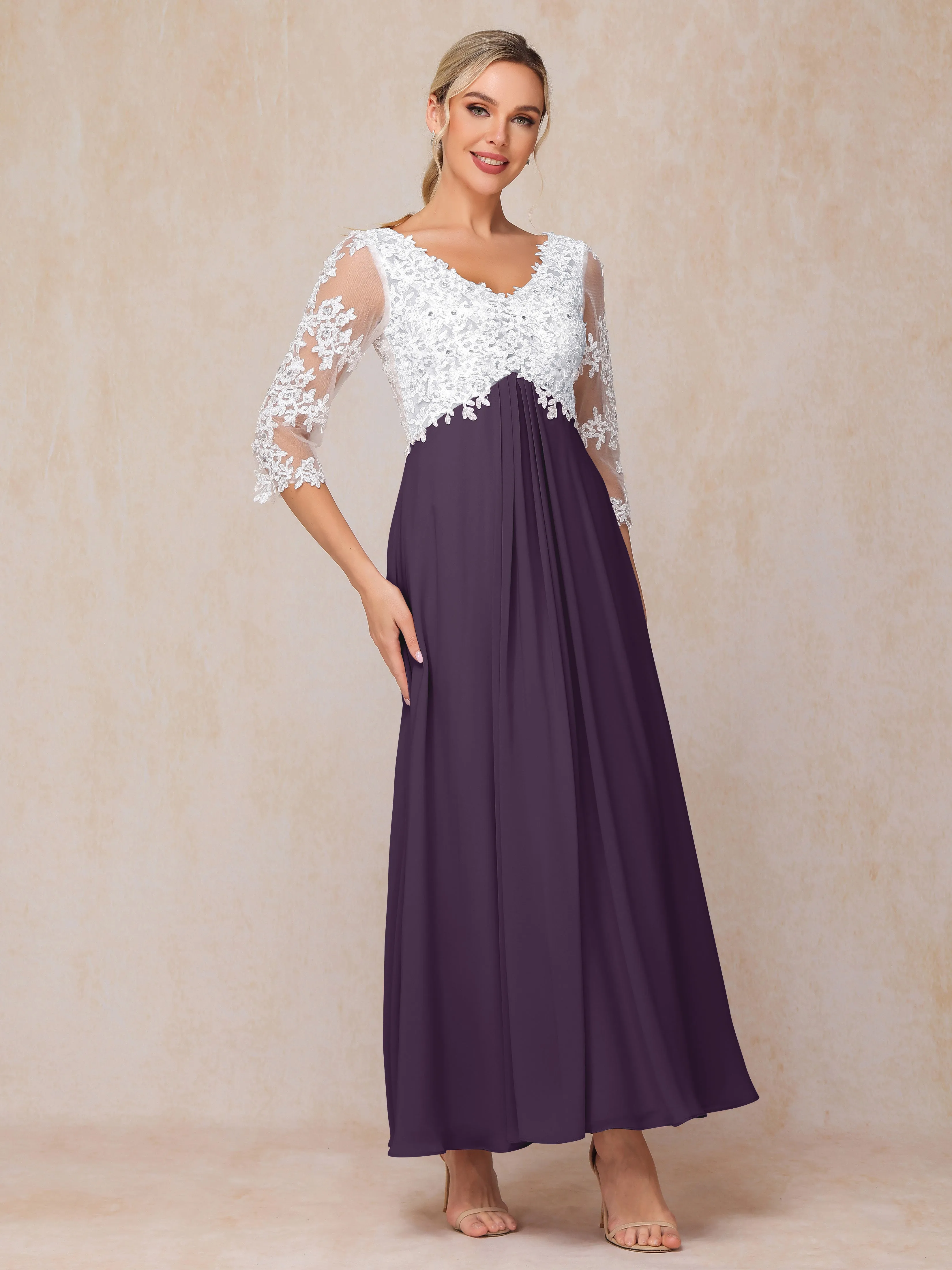 A-Line Lace Sleeves Long Chiffon Mother of the Bride Dress