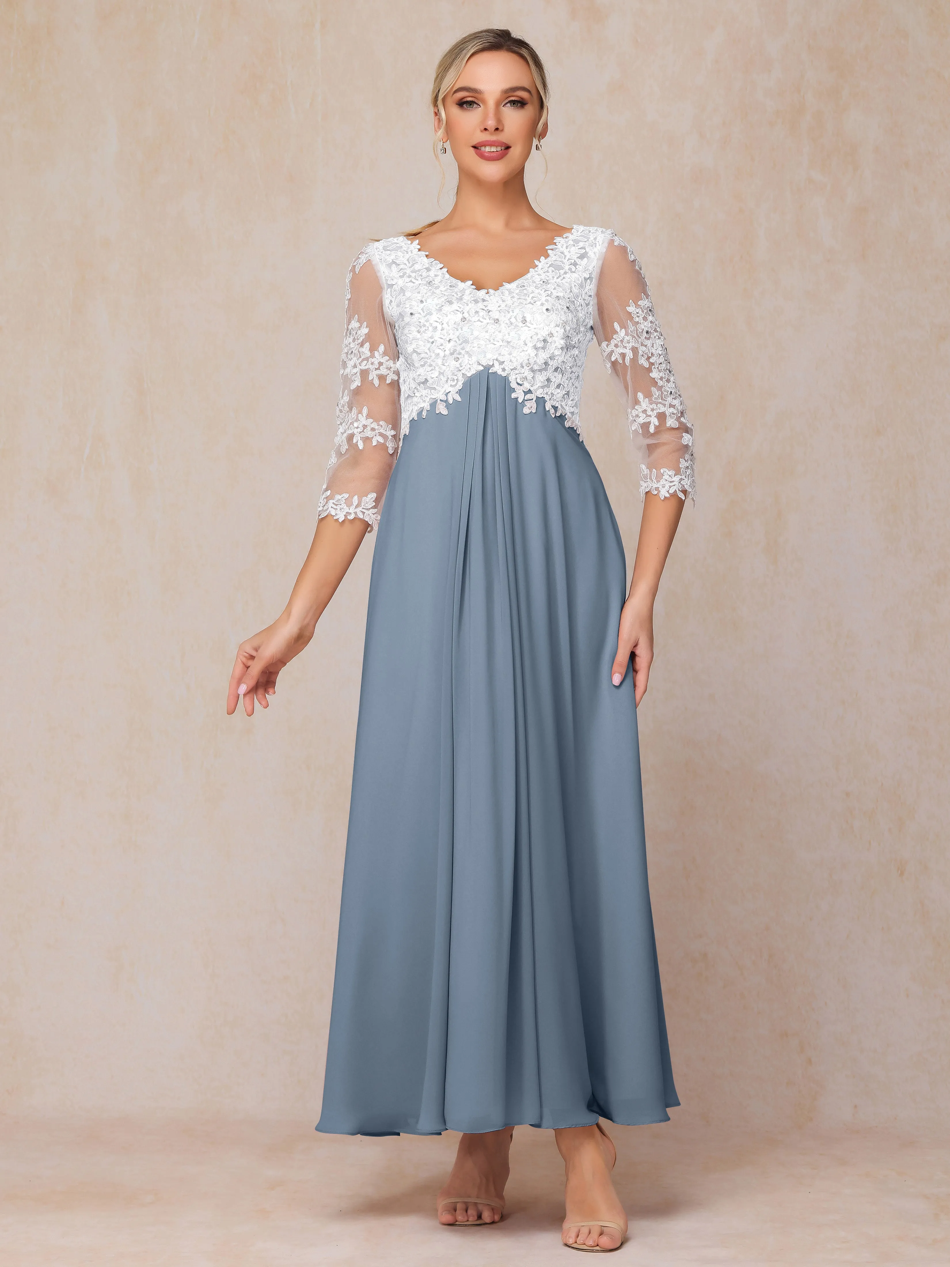 A-Line Lace Sleeves Long Chiffon Mother of the Bride Dress