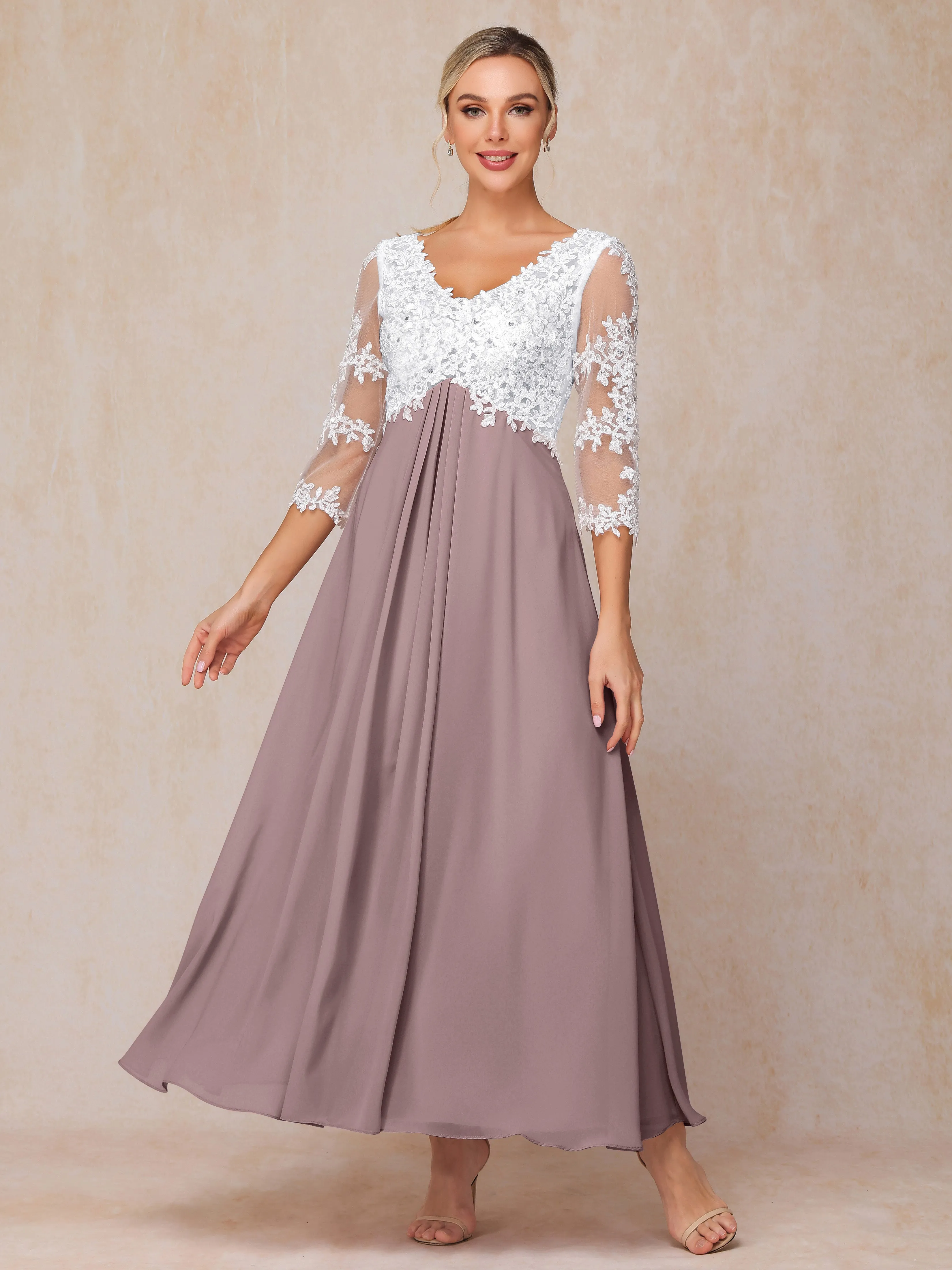 A-Line Lace Sleeves Long Chiffon Mother of the Bride Dress