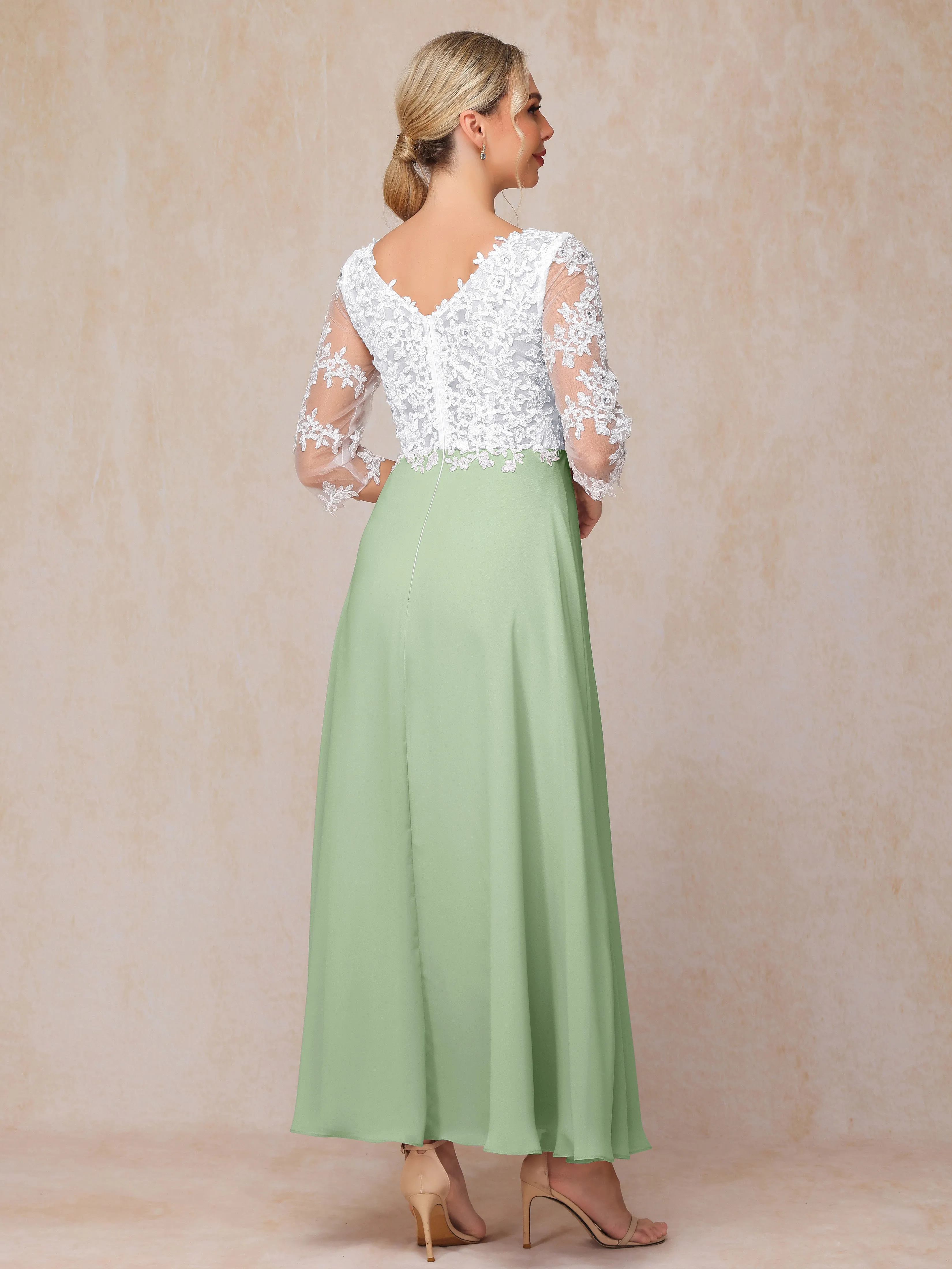 A-Line Lace Sleeves Long Chiffon Mother of the Bride Dress