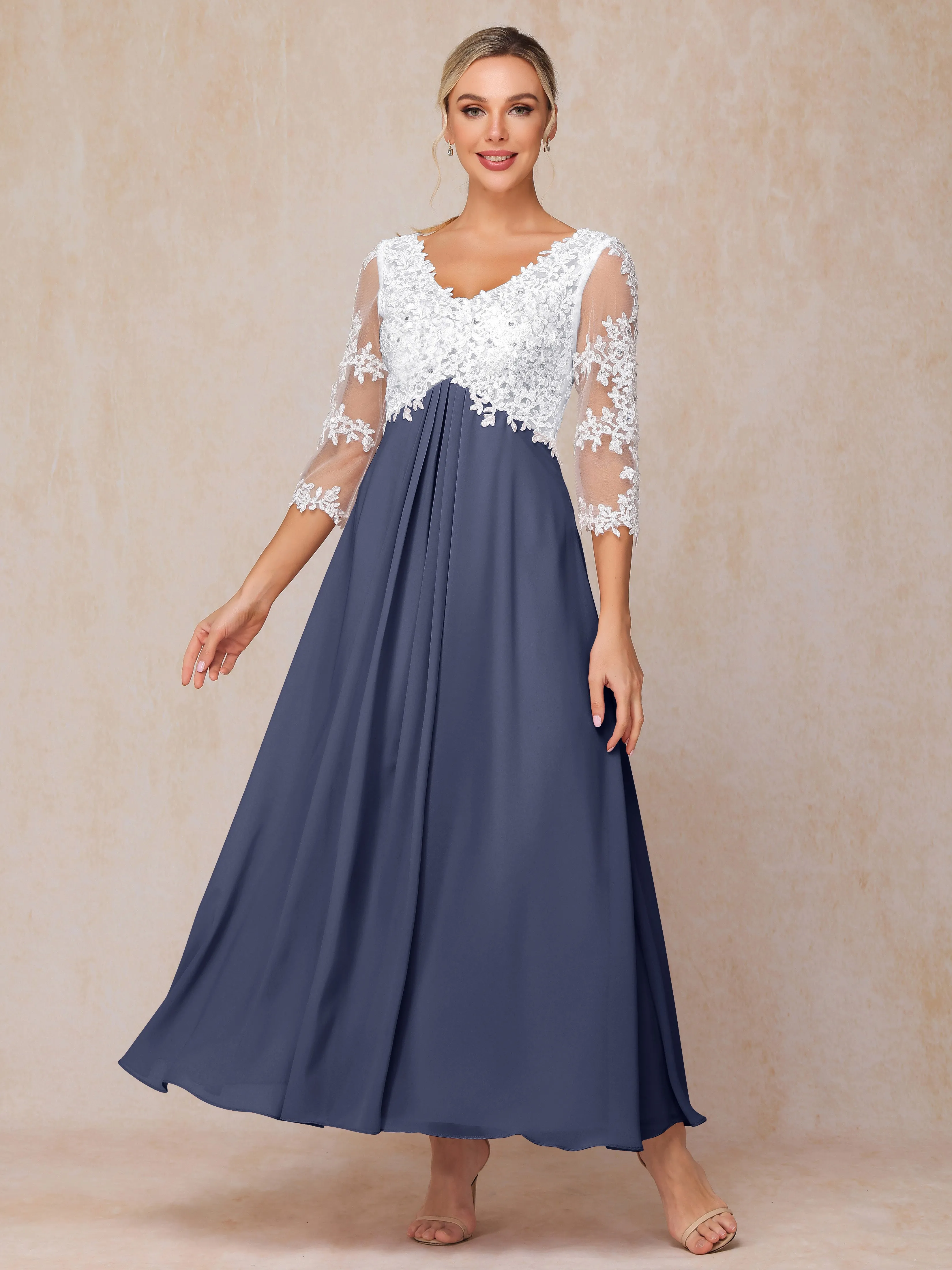 A-Line Lace Sleeves Long Chiffon Mother of the Bride Dress