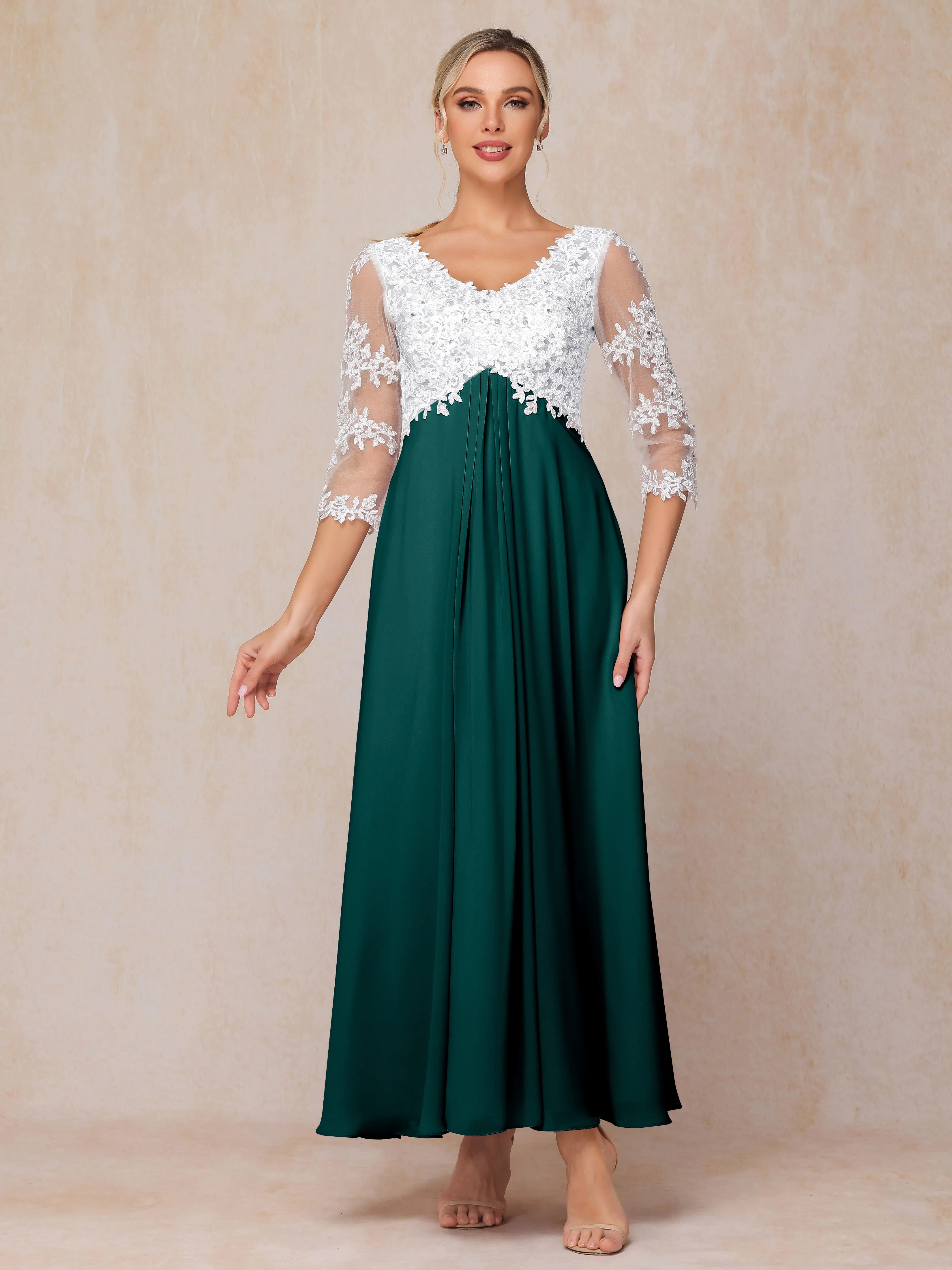 A-Line Lace Sleeves Long Chiffon Mother of the Bride Dress