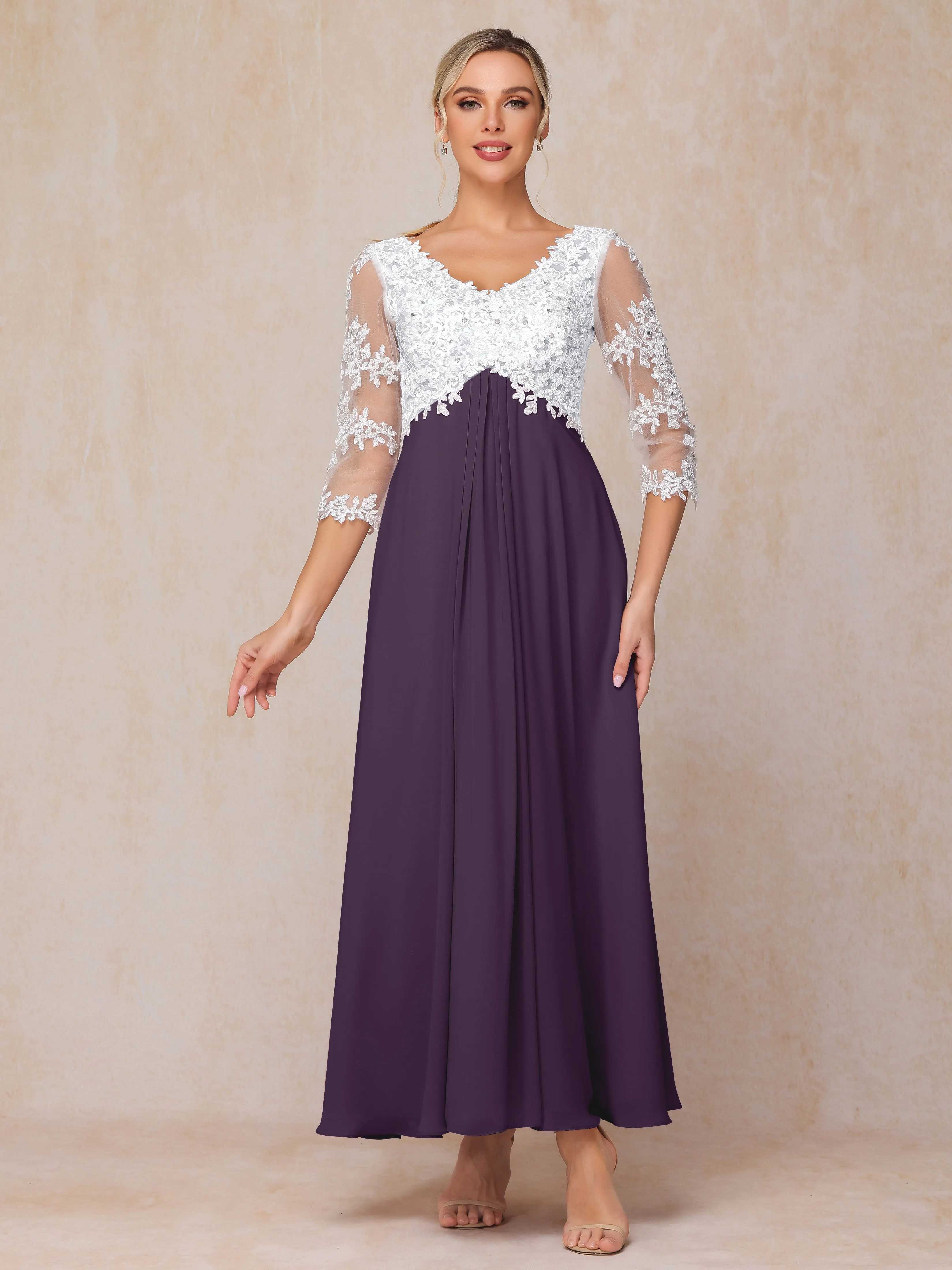 A-Line Lace Sleeves Long Chiffon Mother of the Bride Dress