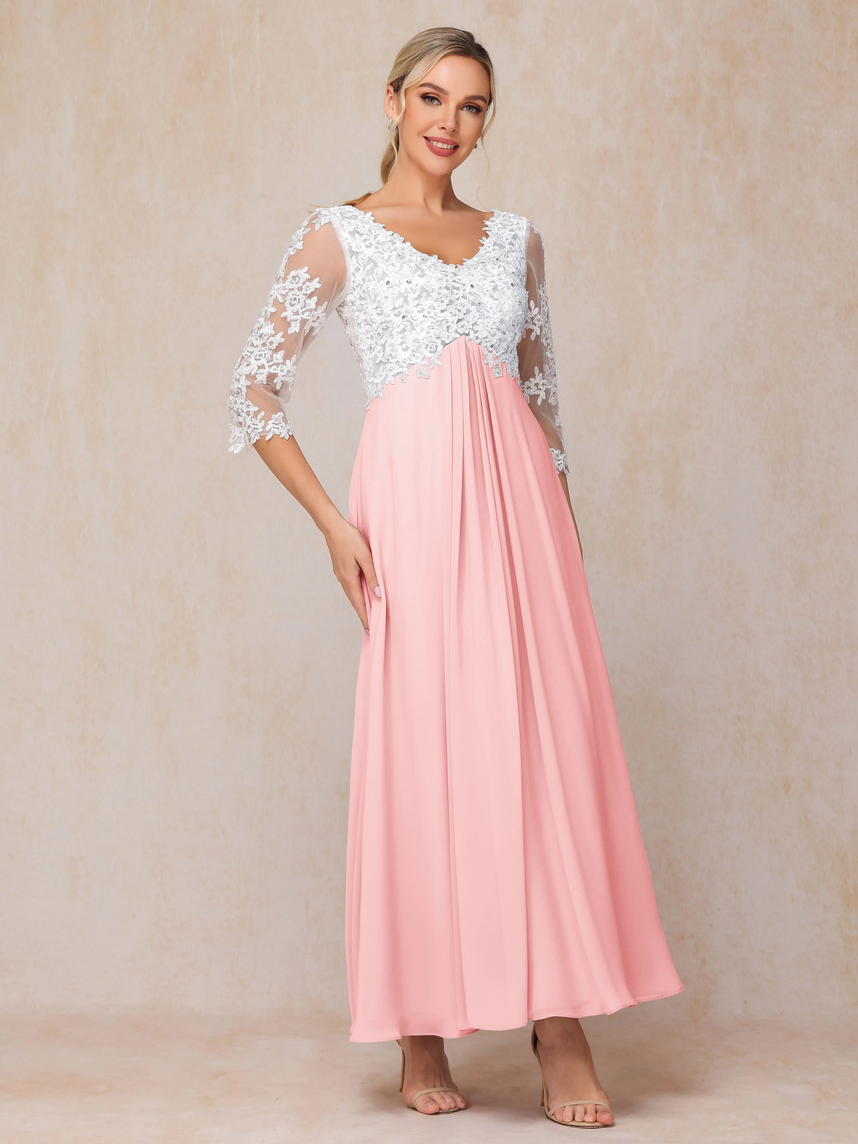 A-Line Lace Sleeves Long Chiffon Mother of the Bride Dress