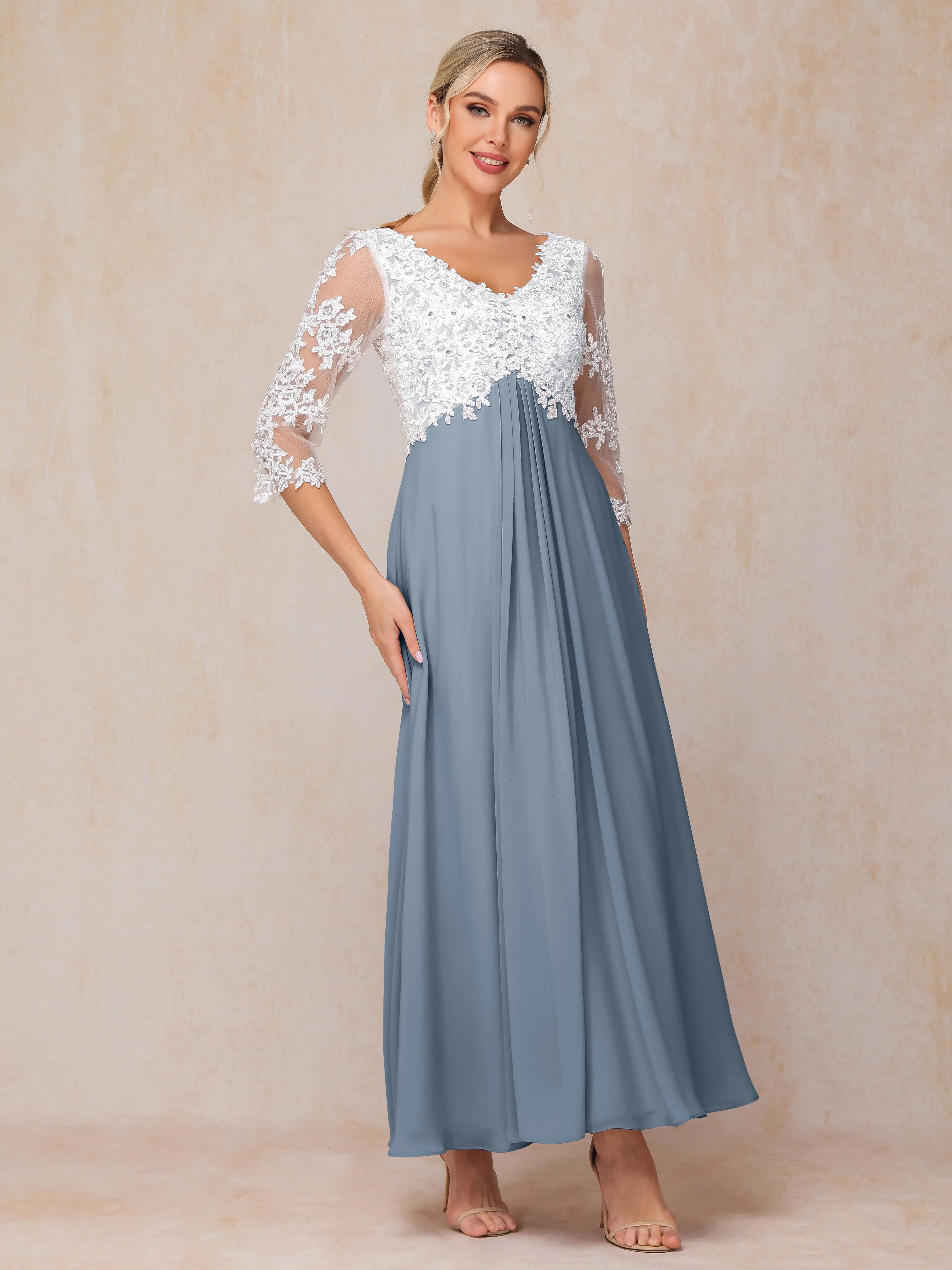 A-Line Lace Sleeves Long Chiffon Mother of the Bride Dress