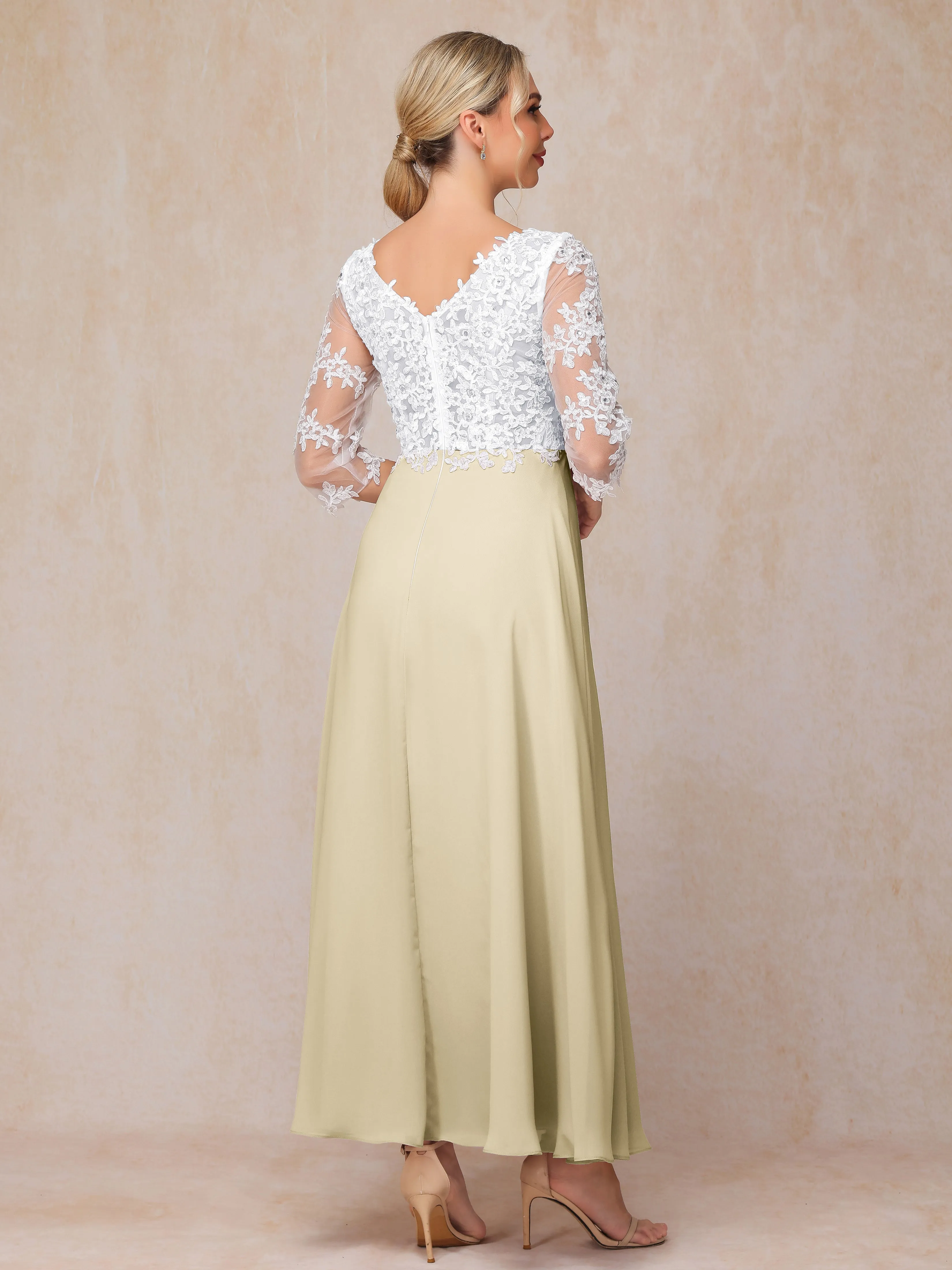 A-Line Lace Sleeves Long Chiffon Mother of the Bride Dress