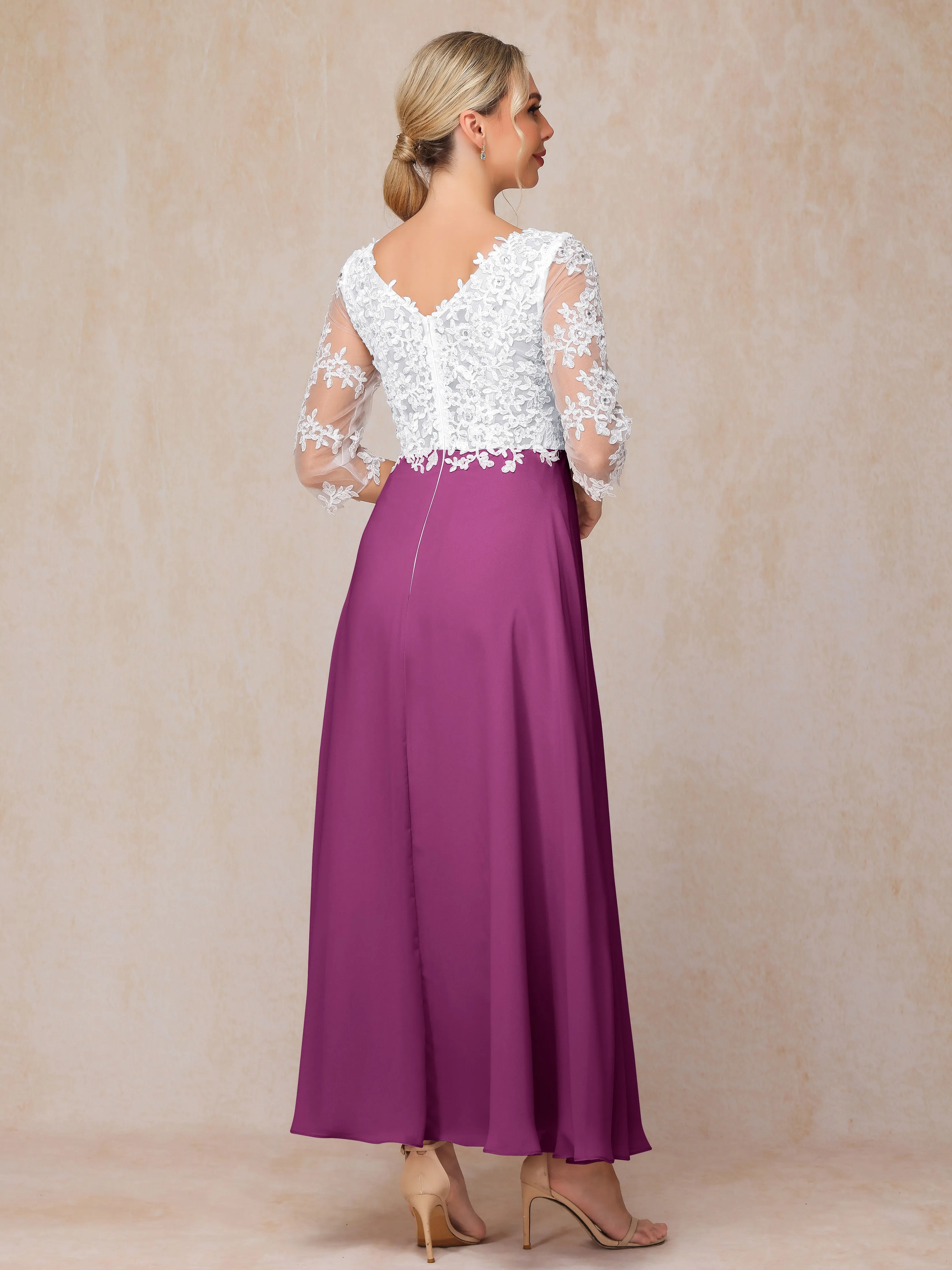 A-Line Lace Sleeves Long Chiffon Mother of the Bride Dress