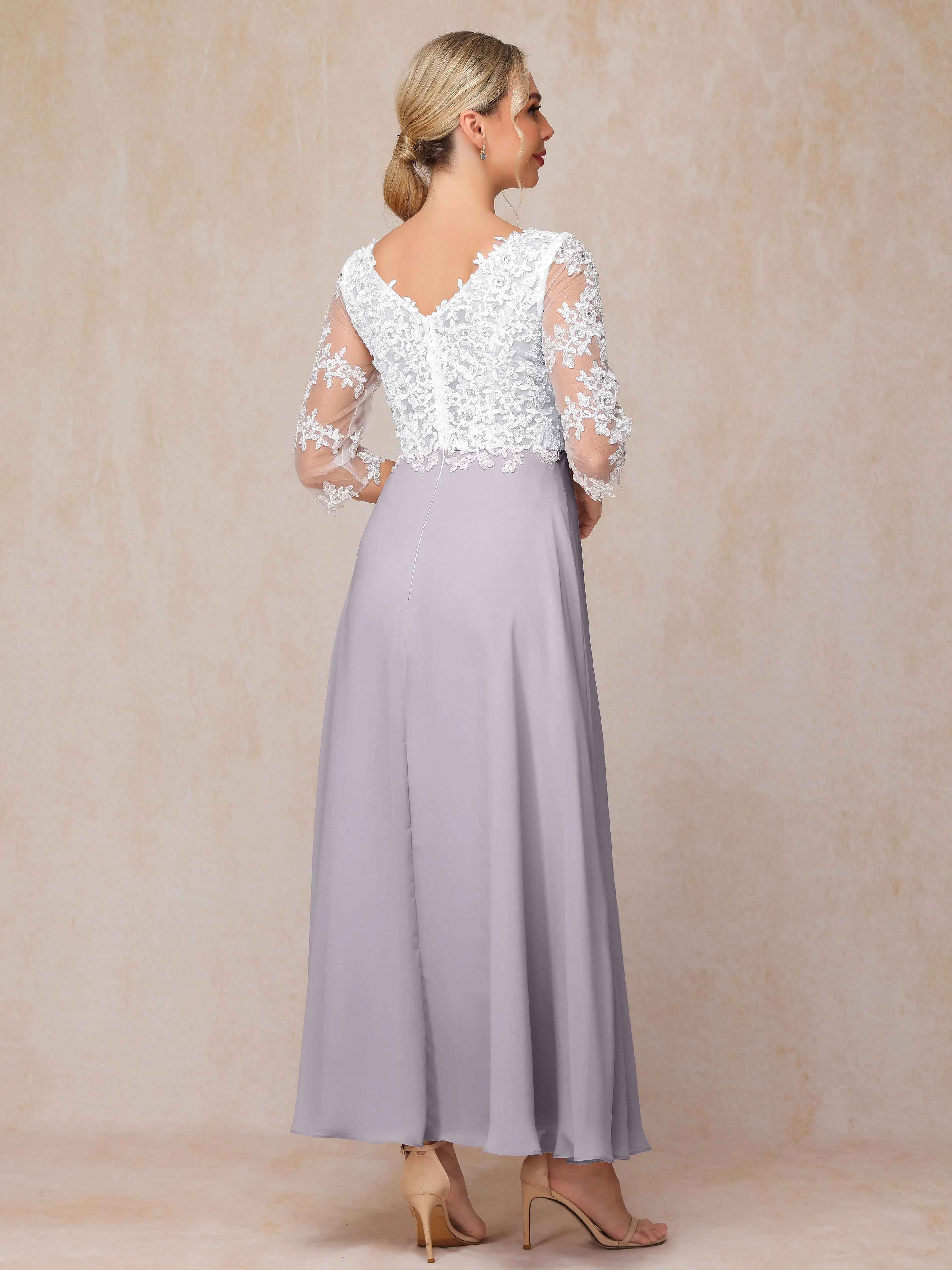 A-Line Lace Sleeves Long Chiffon Mother of the Bride Dress