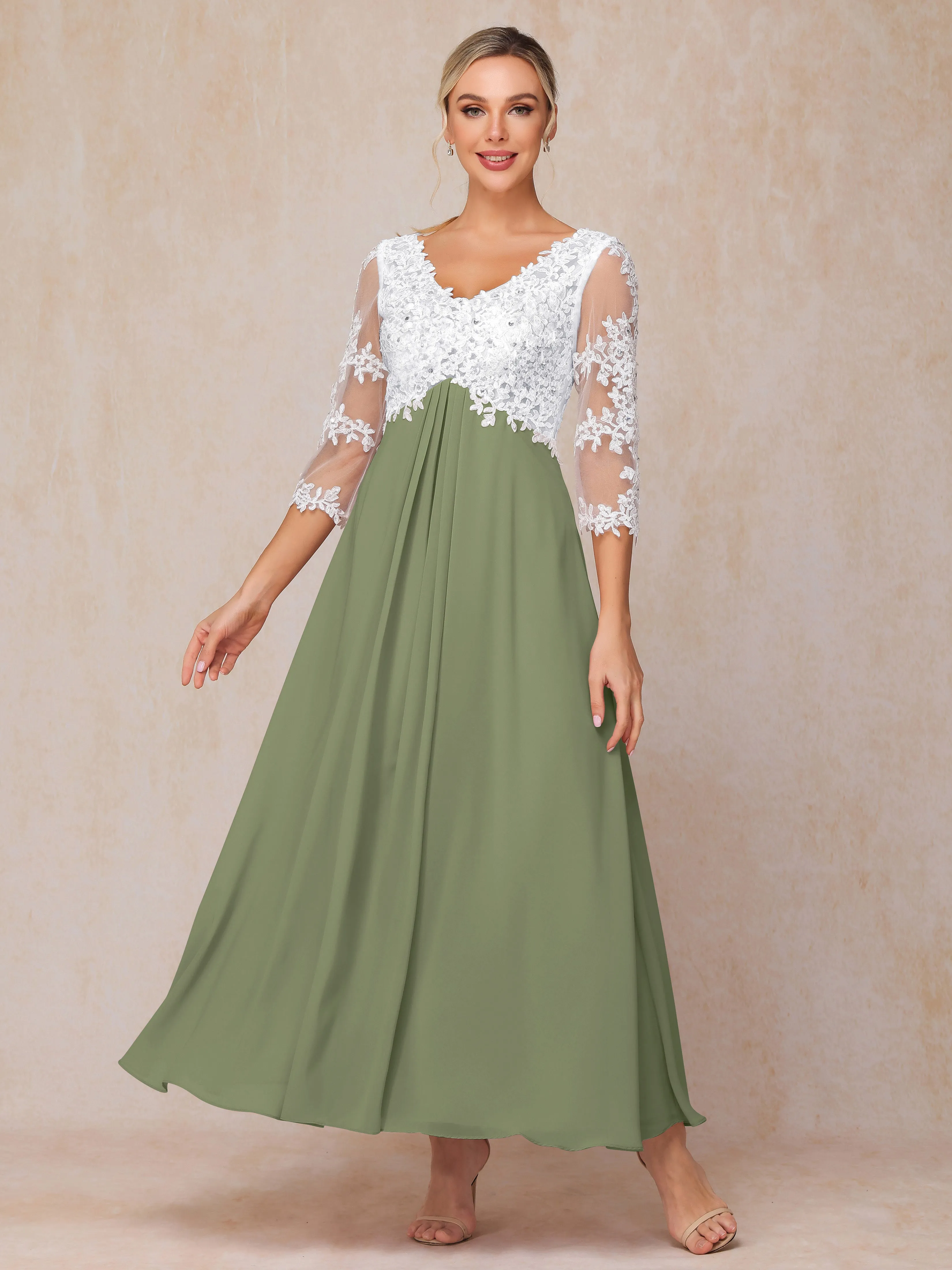 A-Line Lace Sleeves Long Chiffon Mother of the Bride Dress