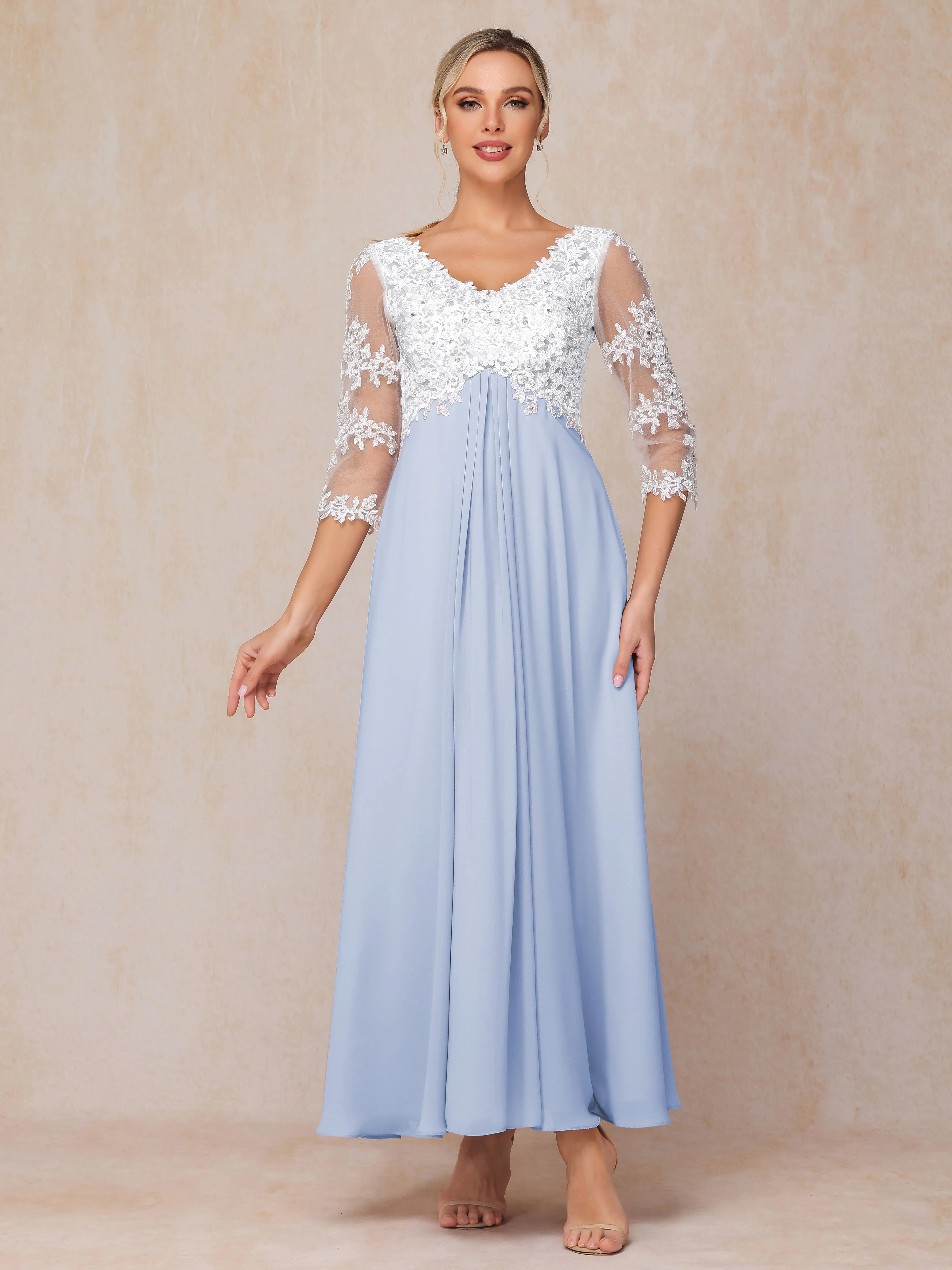 A-Line Lace Sleeves Long Chiffon Mother of the Bride Dress