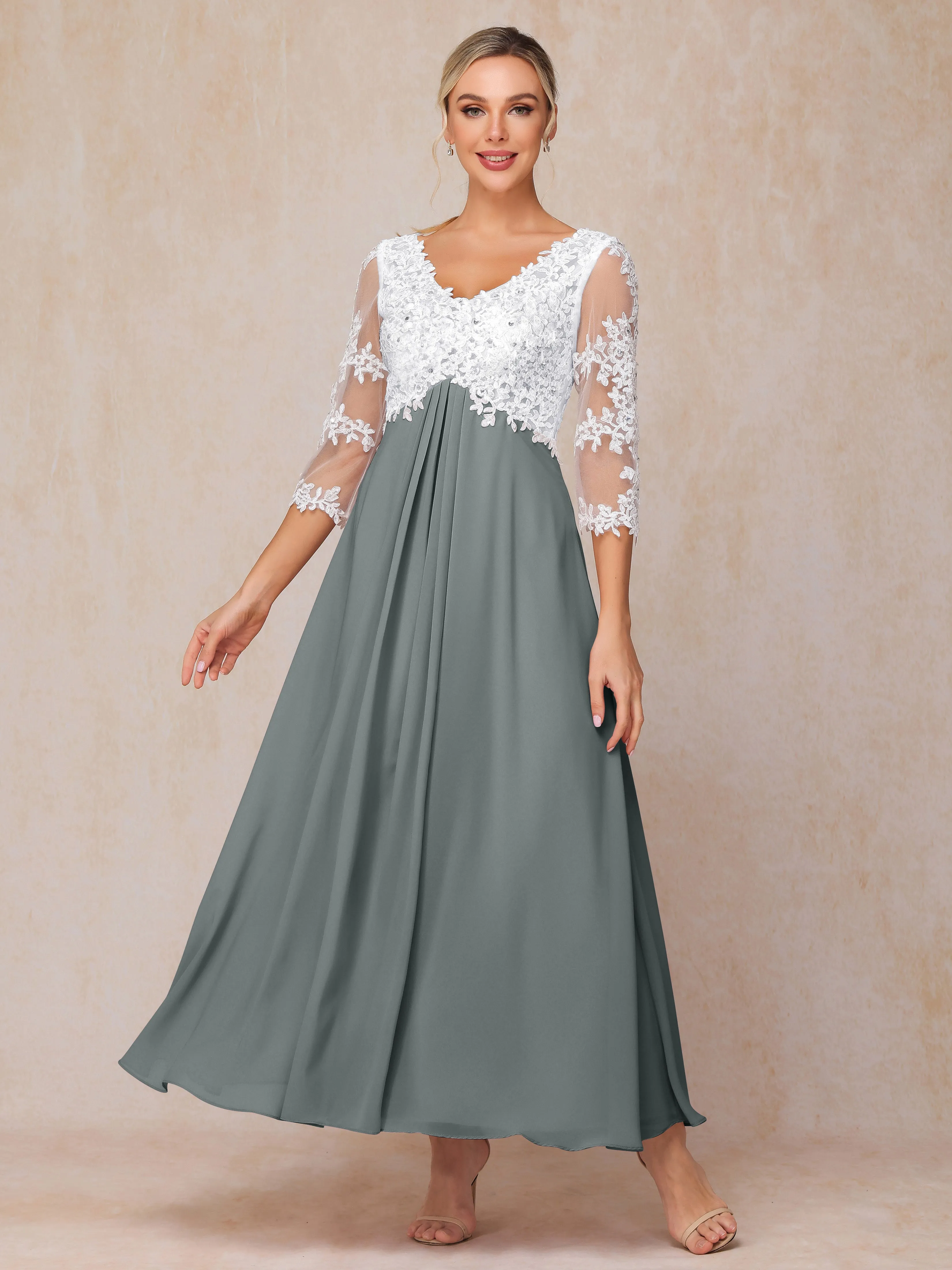 A-Line Lace Sleeves Long Chiffon Mother of the Bride Dress