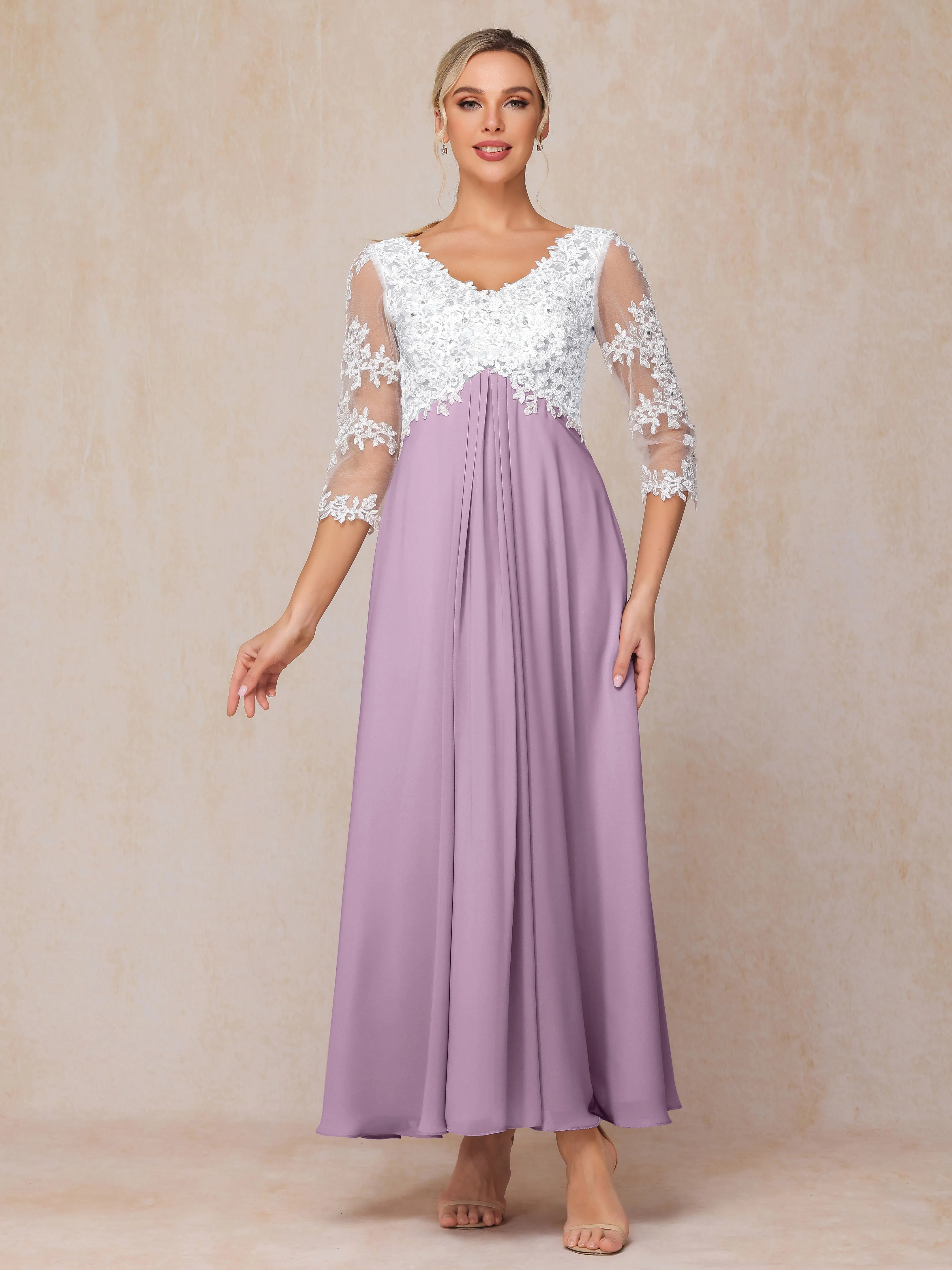 A-Line Lace Sleeves Long Chiffon Mother of the Bride Dress