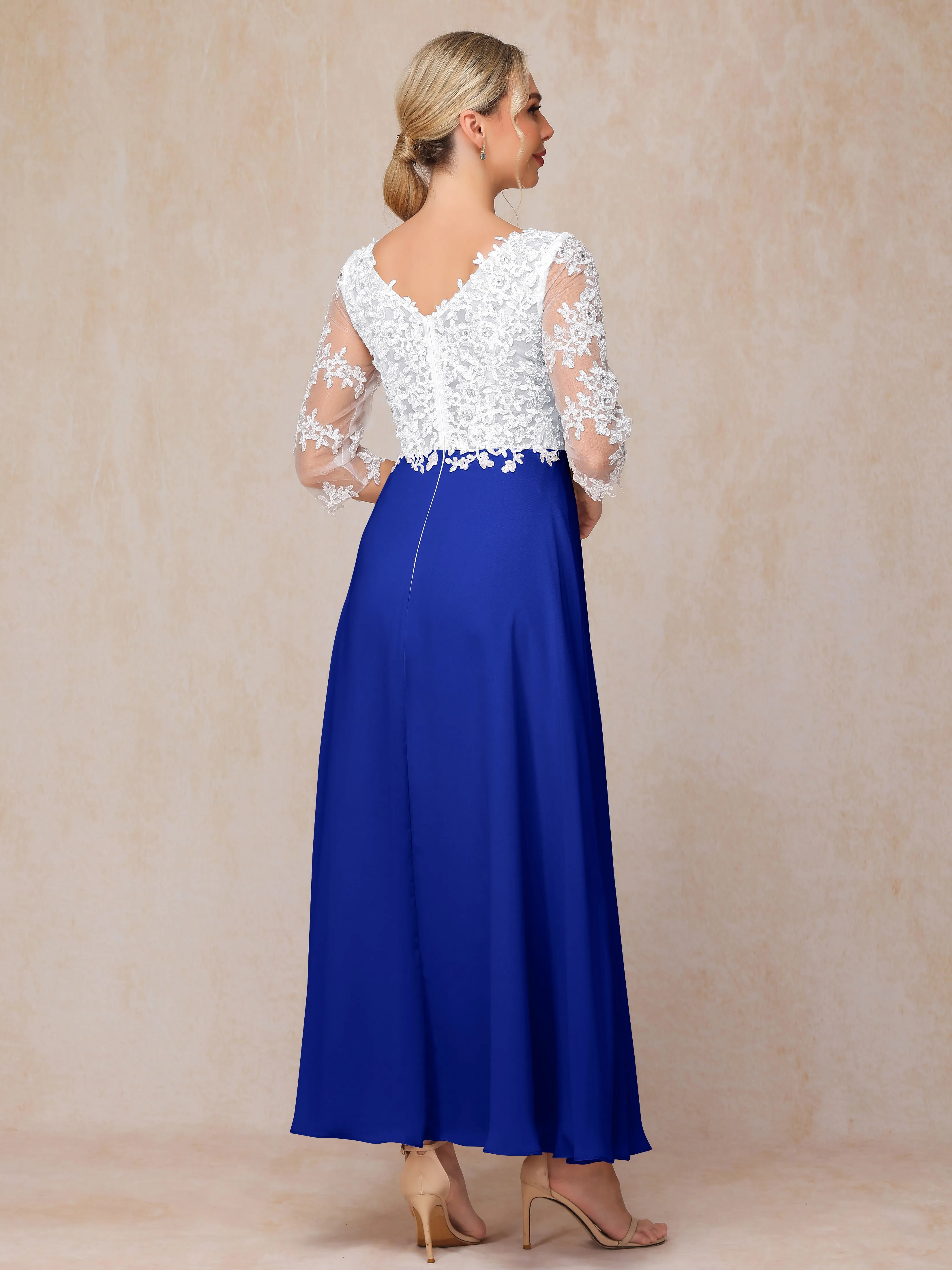 A-Line Lace Sleeves Long Chiffon Mother of the Bride Dress