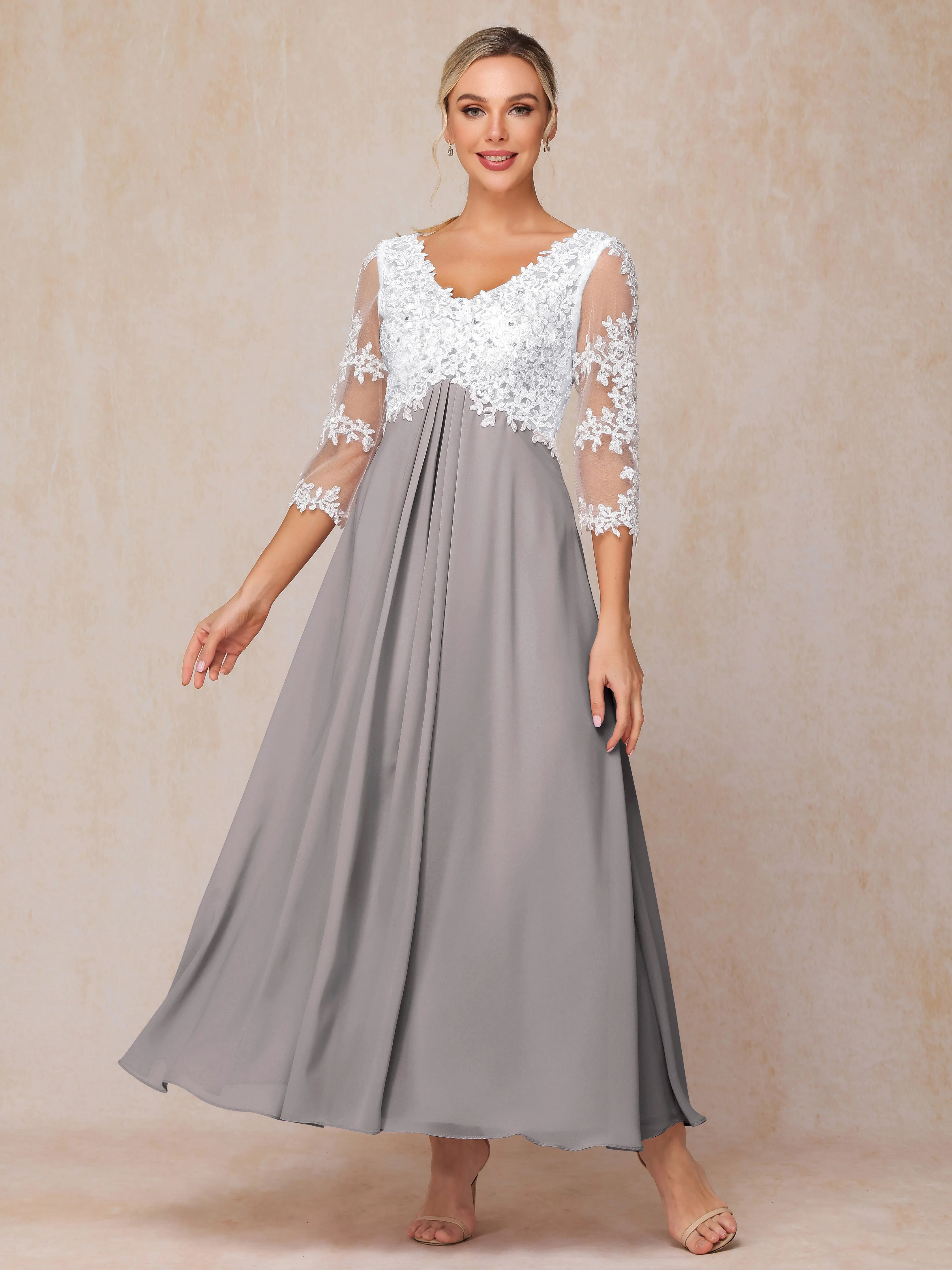 A-Line Lace Sleeves Long Chiffon Mother of the Bride Dress