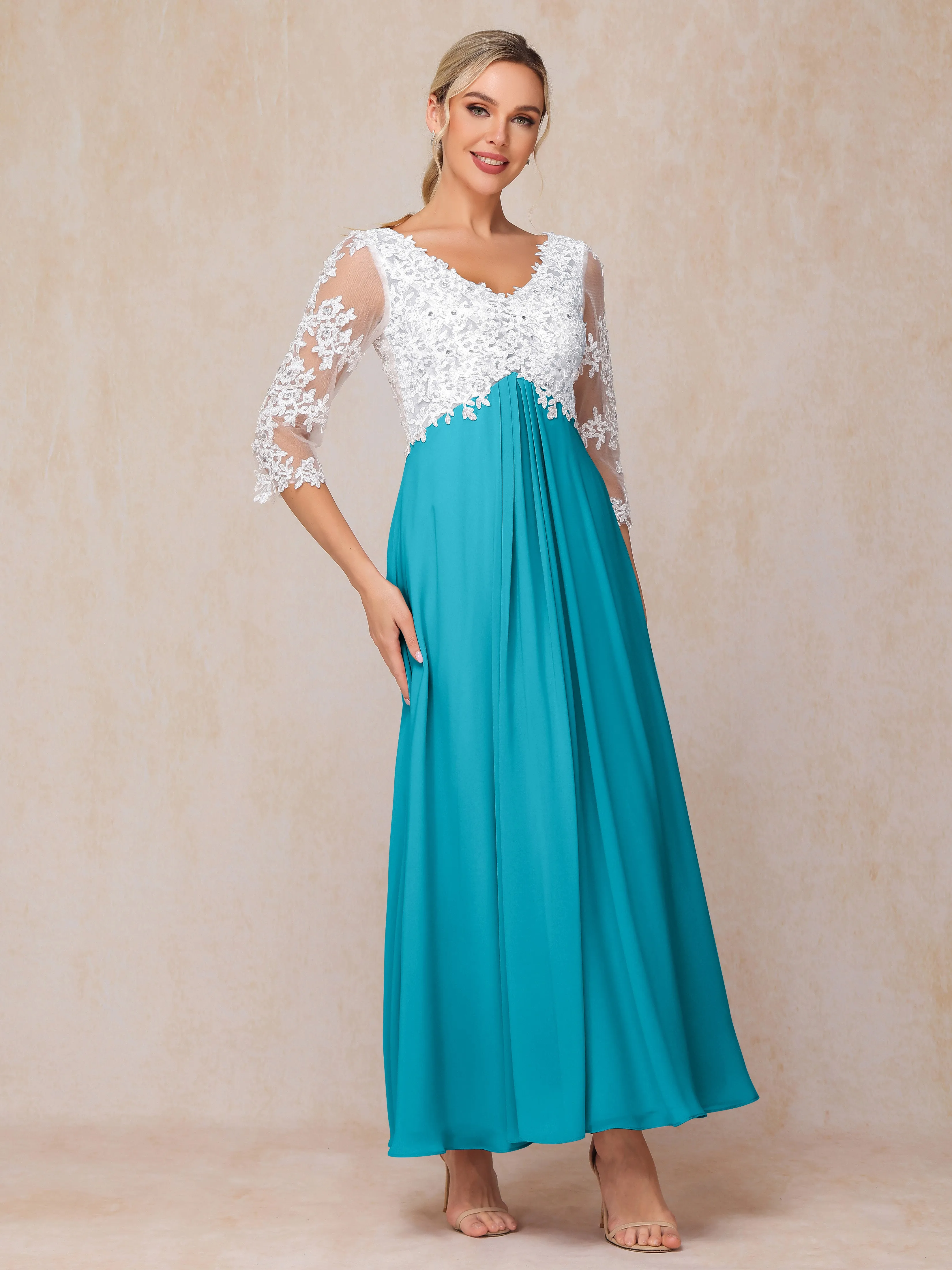 A-Line Lace Sleeves Long Chiffon Mother of the Bride Dress