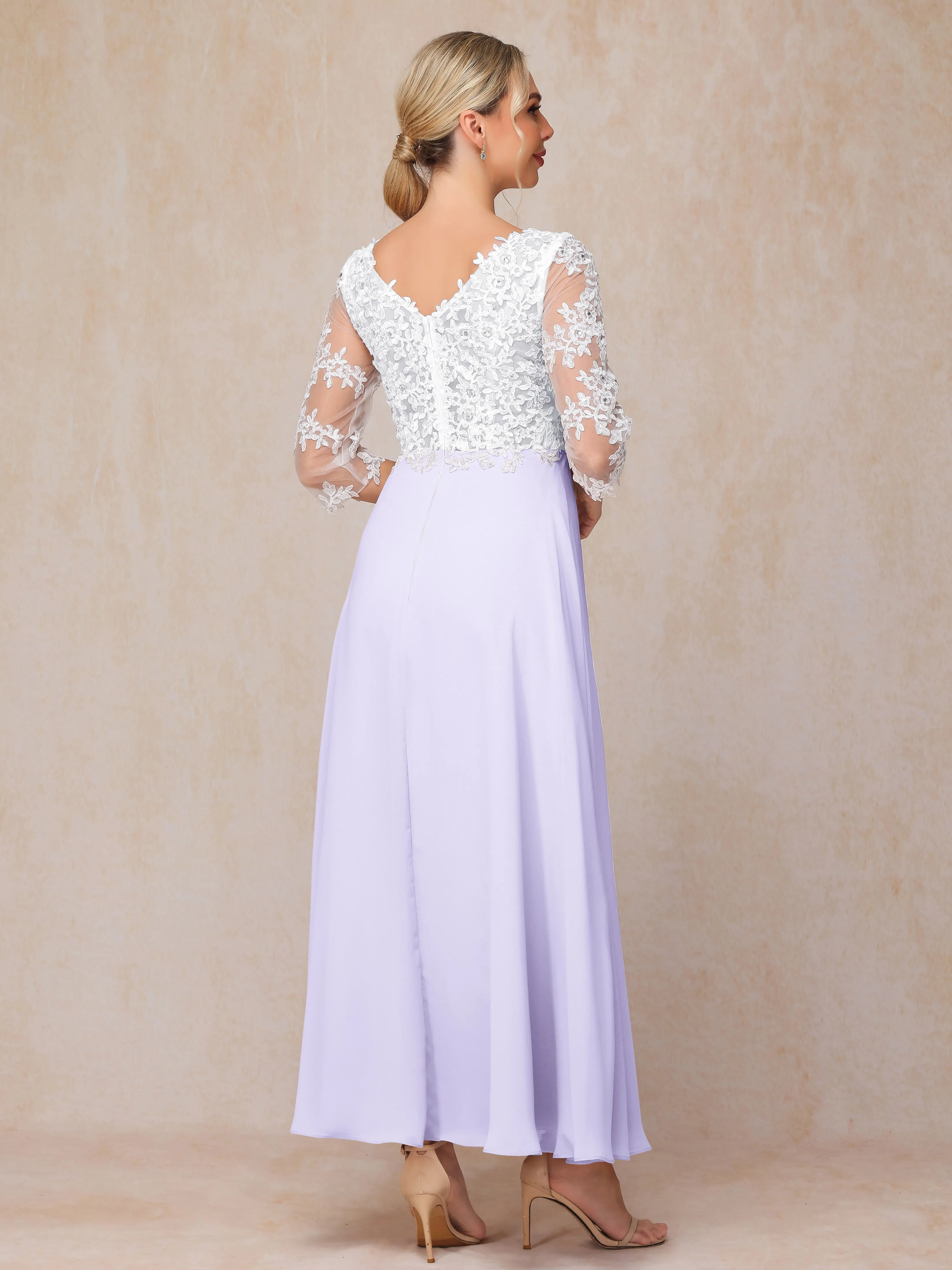 A-Line Lace Sleeves Long Chiffon Mother of the Bride Dress