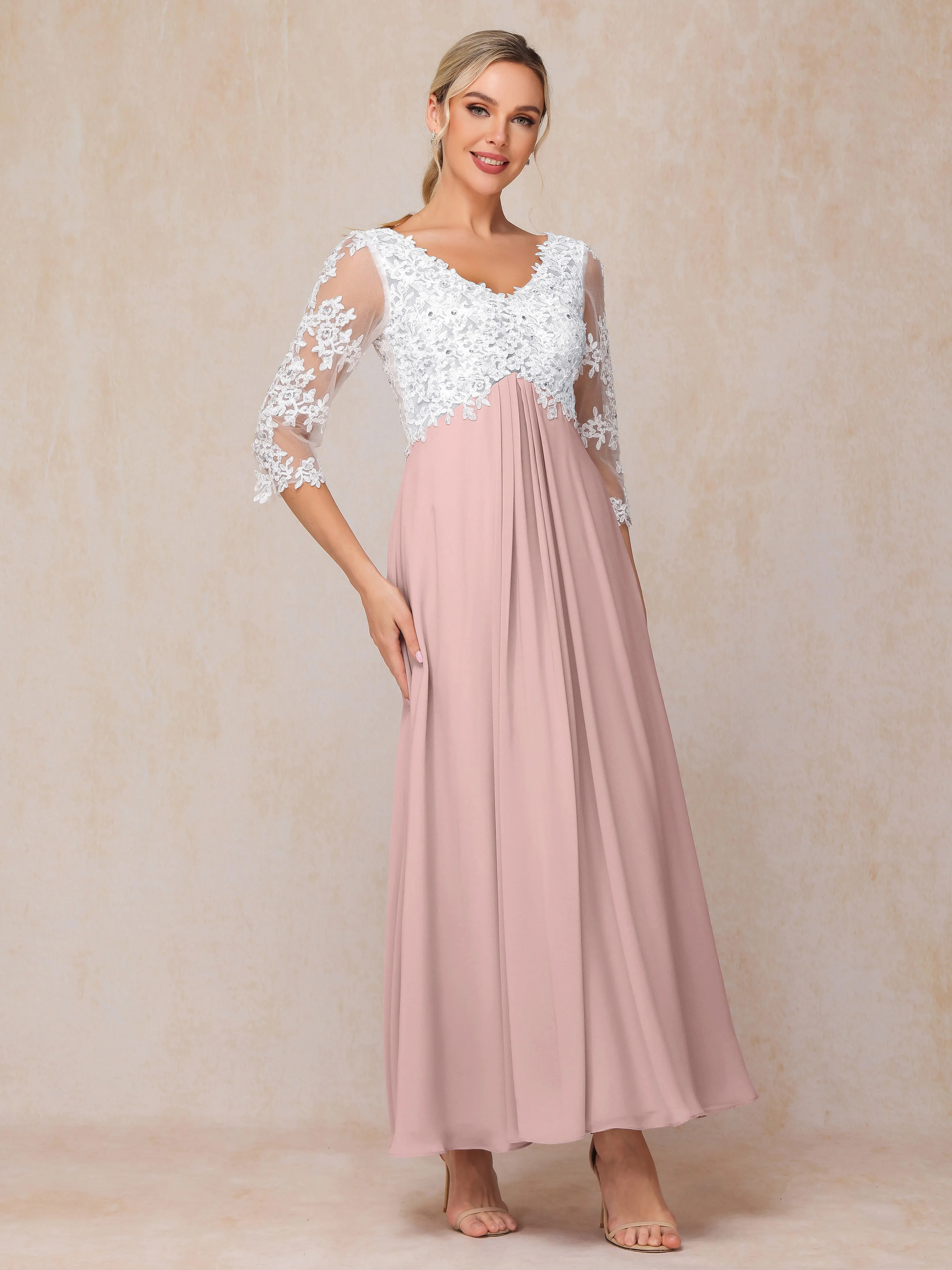 A-Line Lace Sleeves Long Chiffon Mother of the Bride Dress