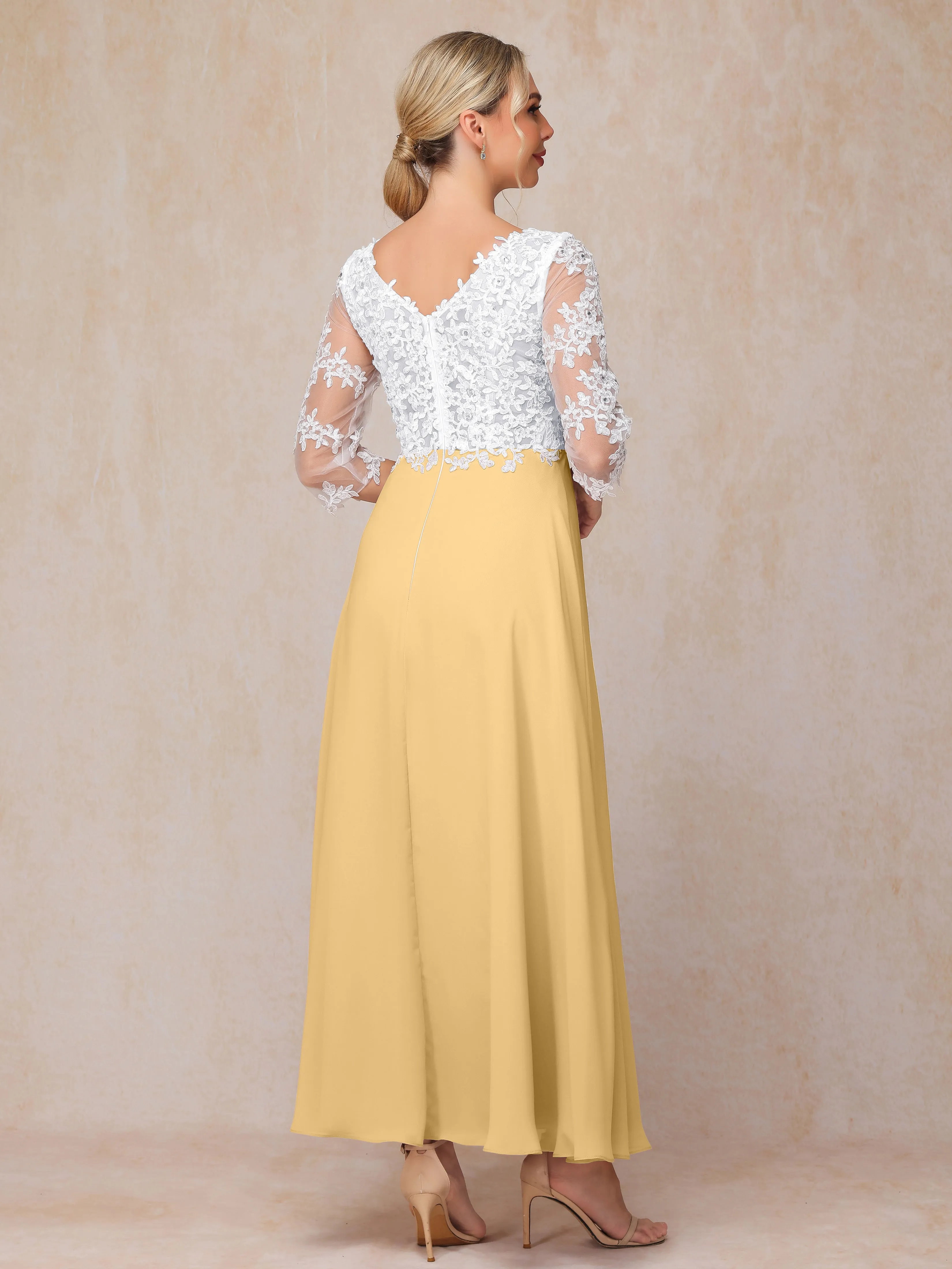 A-Line Lace Sleeves Long Chiffon Mother of the Bride Dress