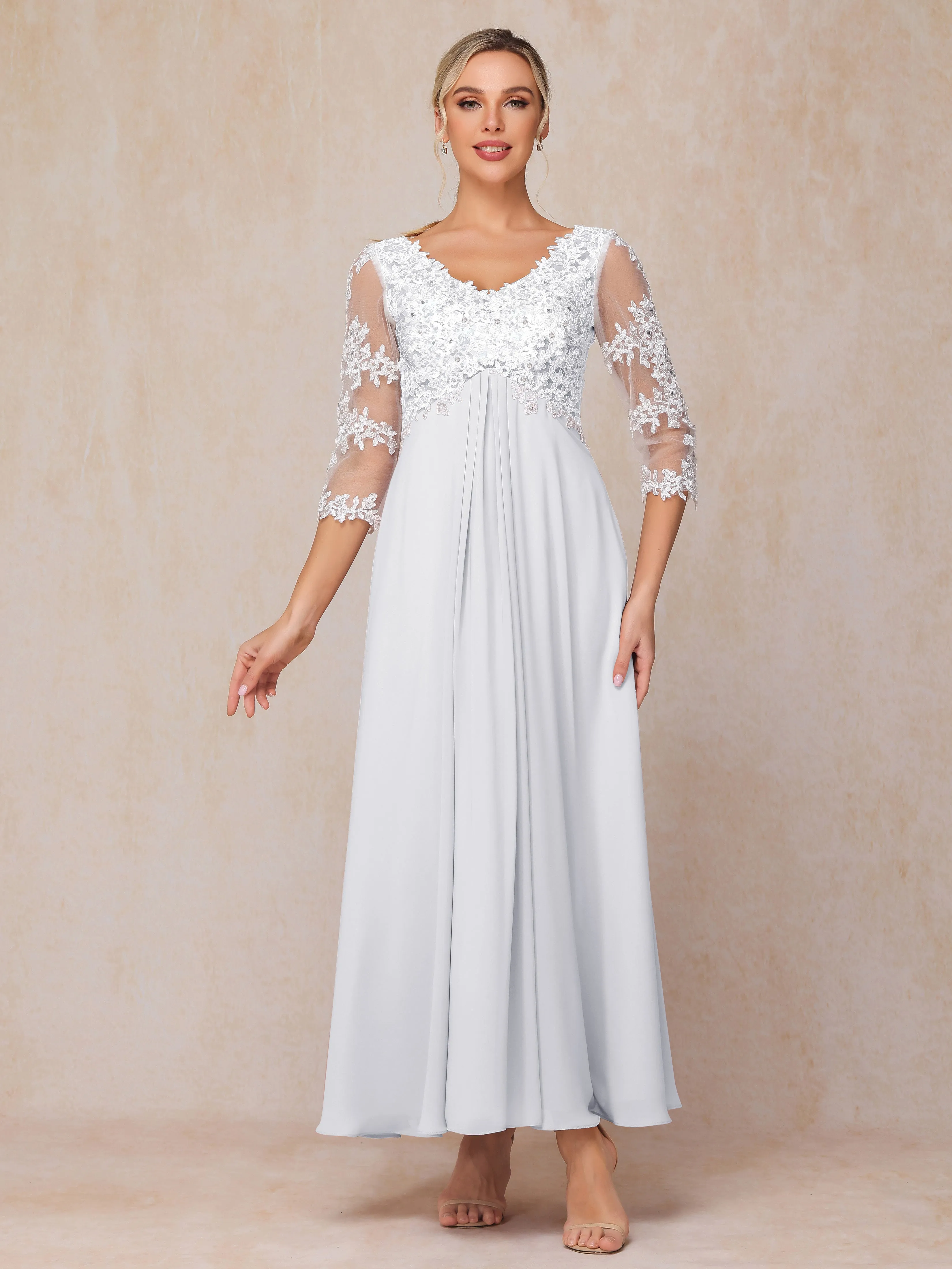 A-Line Lace Sleeves Long Chiffon Mother of the Bride Dress