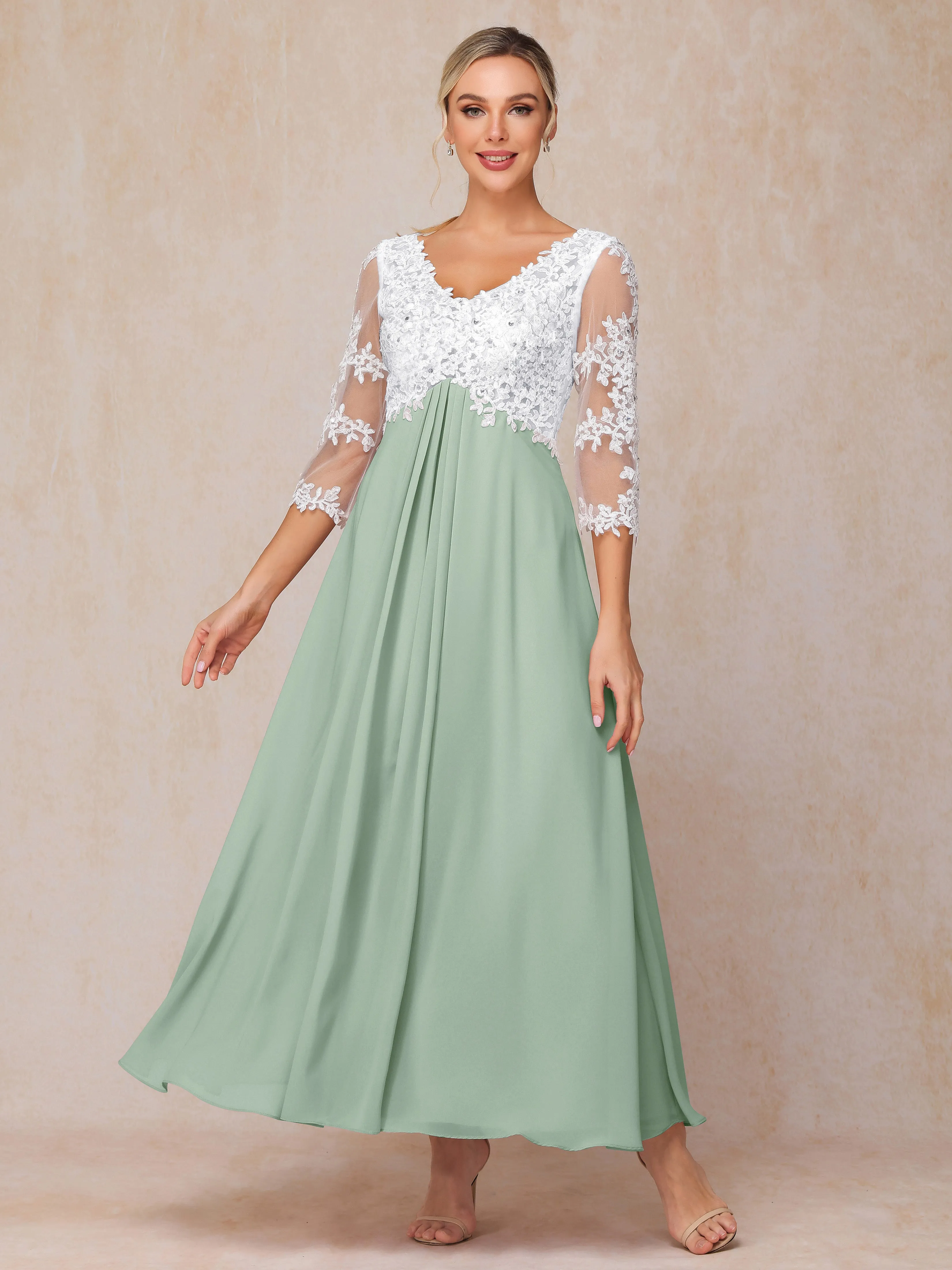 A-Line Lace Sleeves Long Chiffon Mother of the Bride Dress