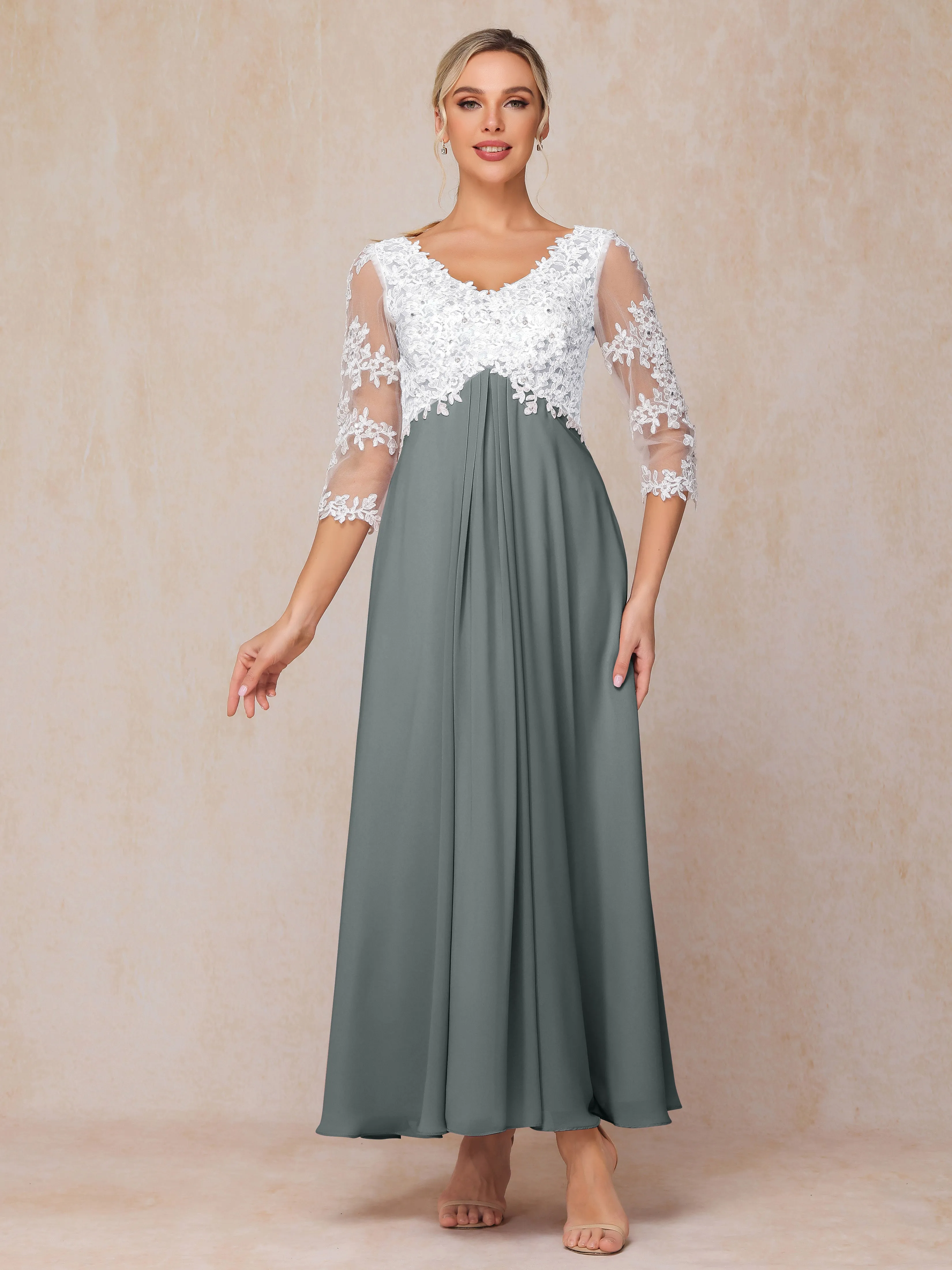 A-Line Lace Sleeves Long Chiffon Mother of the Bride Dress