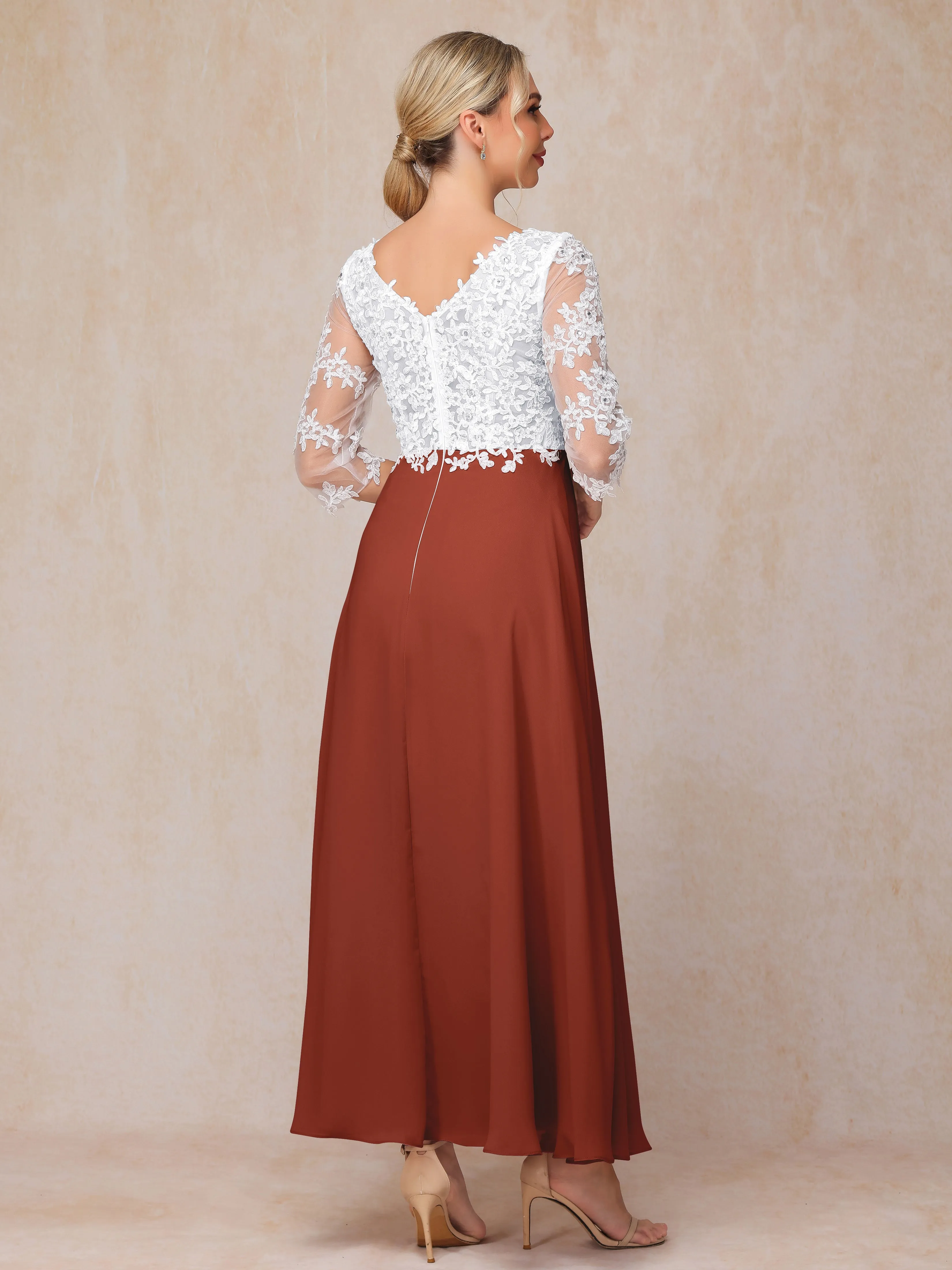 A-Line Lace Sleeves Long Chiffon Mother of the Bride Dress