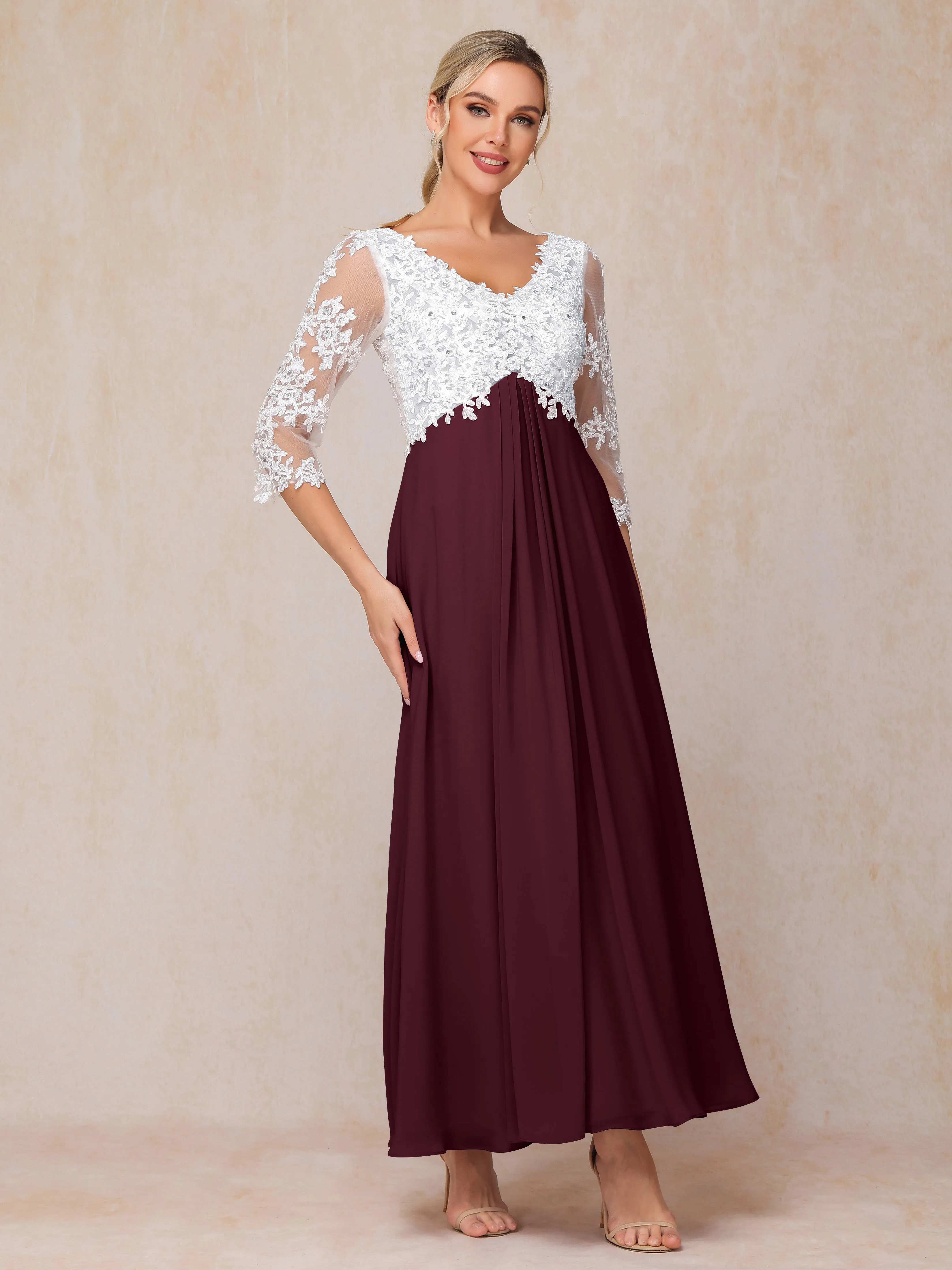 A-Line Lace Sleeves Long Chiffon Mother of the Bride Dress