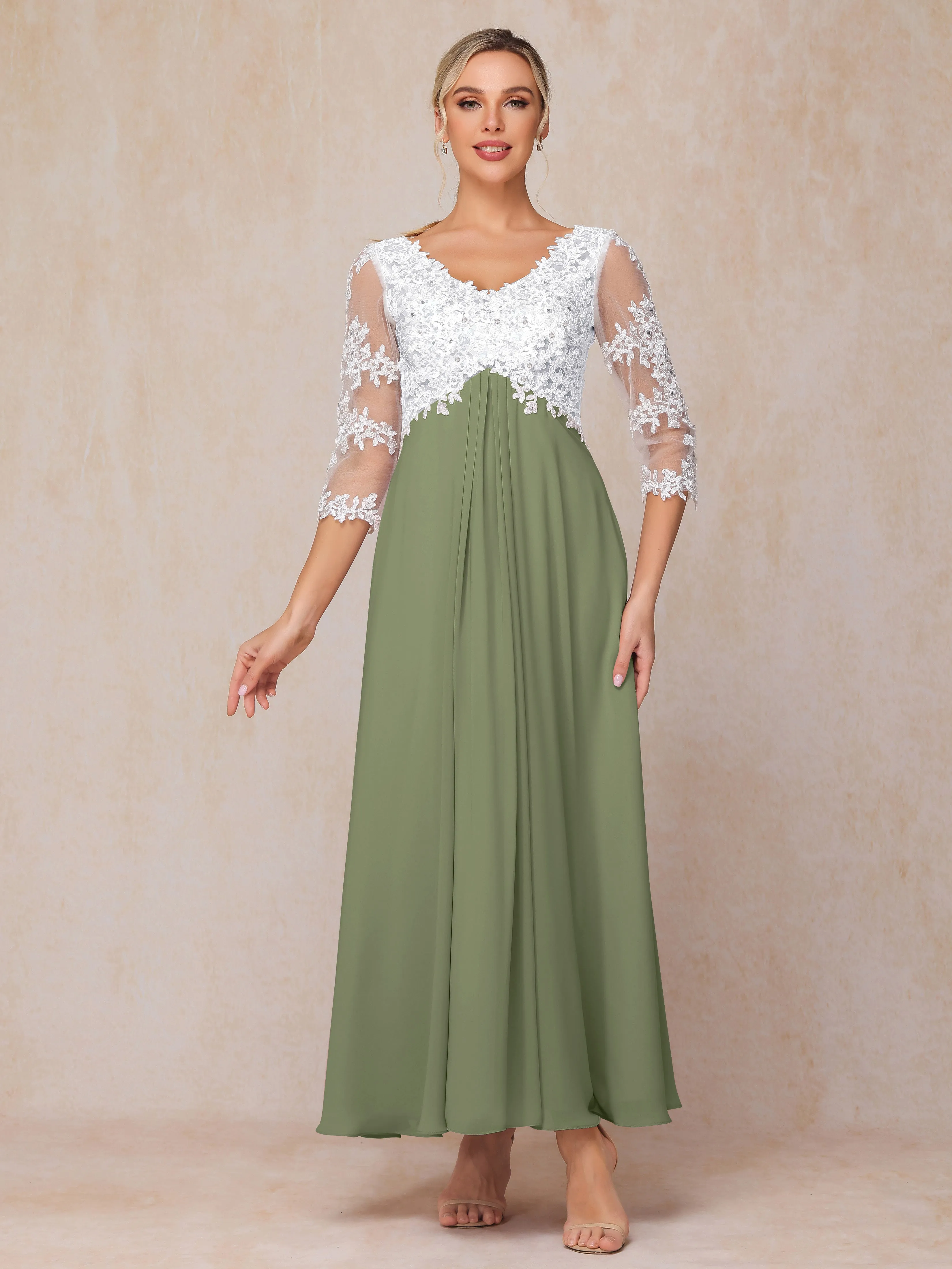 A-Line Lace Sleeves Long Chiffon Mother of the Bride Dress