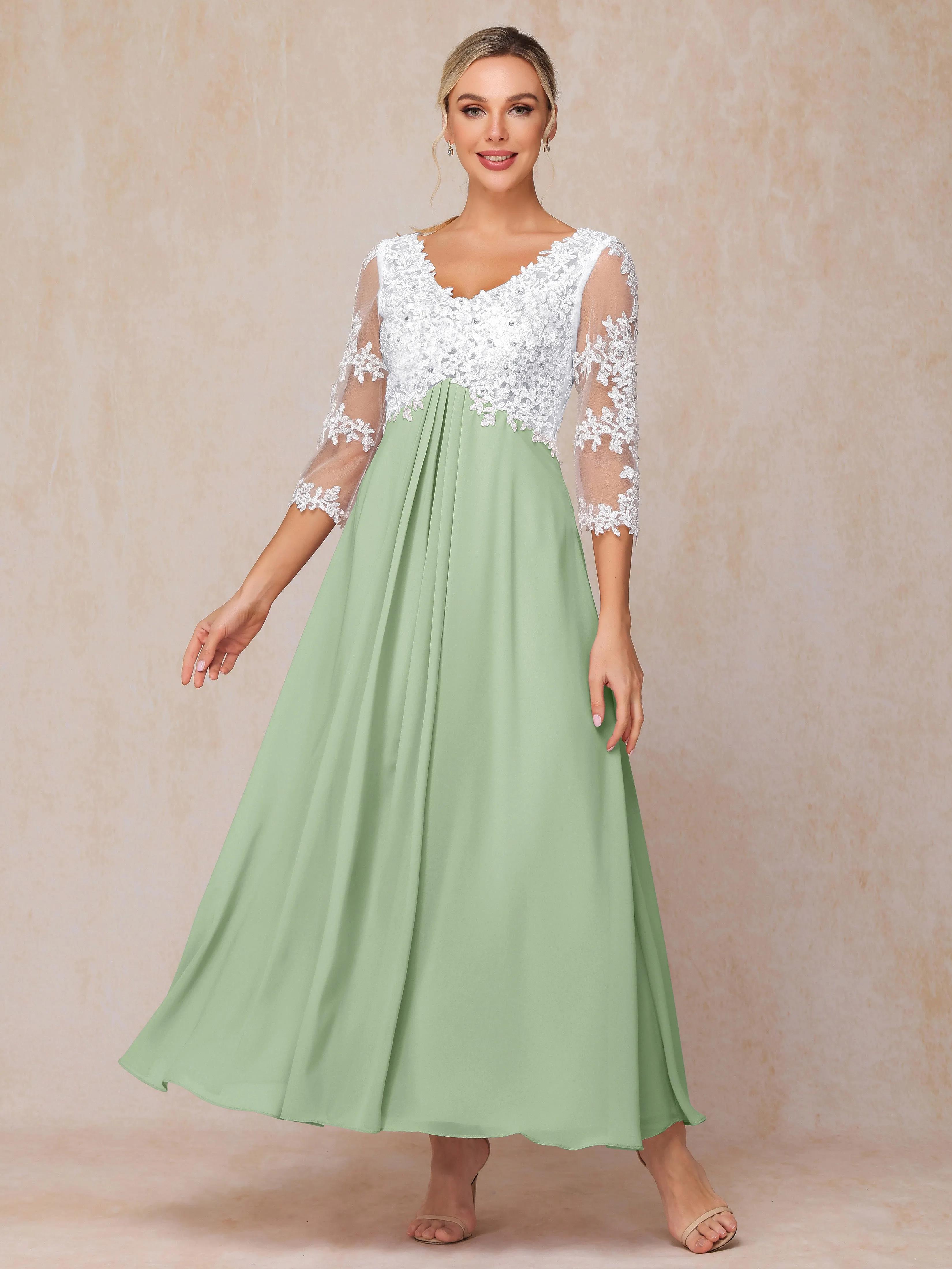 A-Line Lace Sleeves Long Chiffon Mother of the Bride Dress