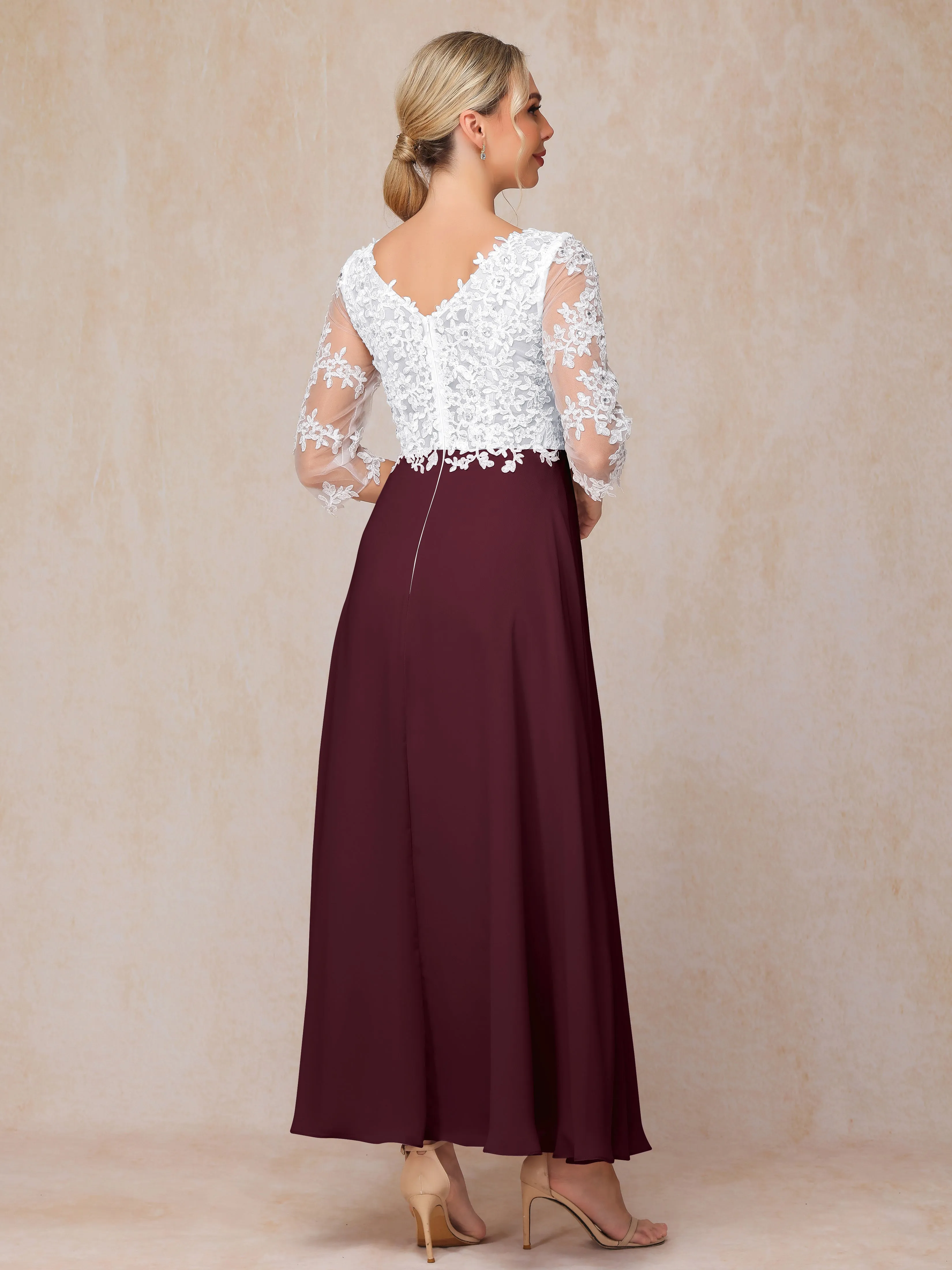 A-Line Lace Sleeves Long Chiffon Mother of the Bride Dress