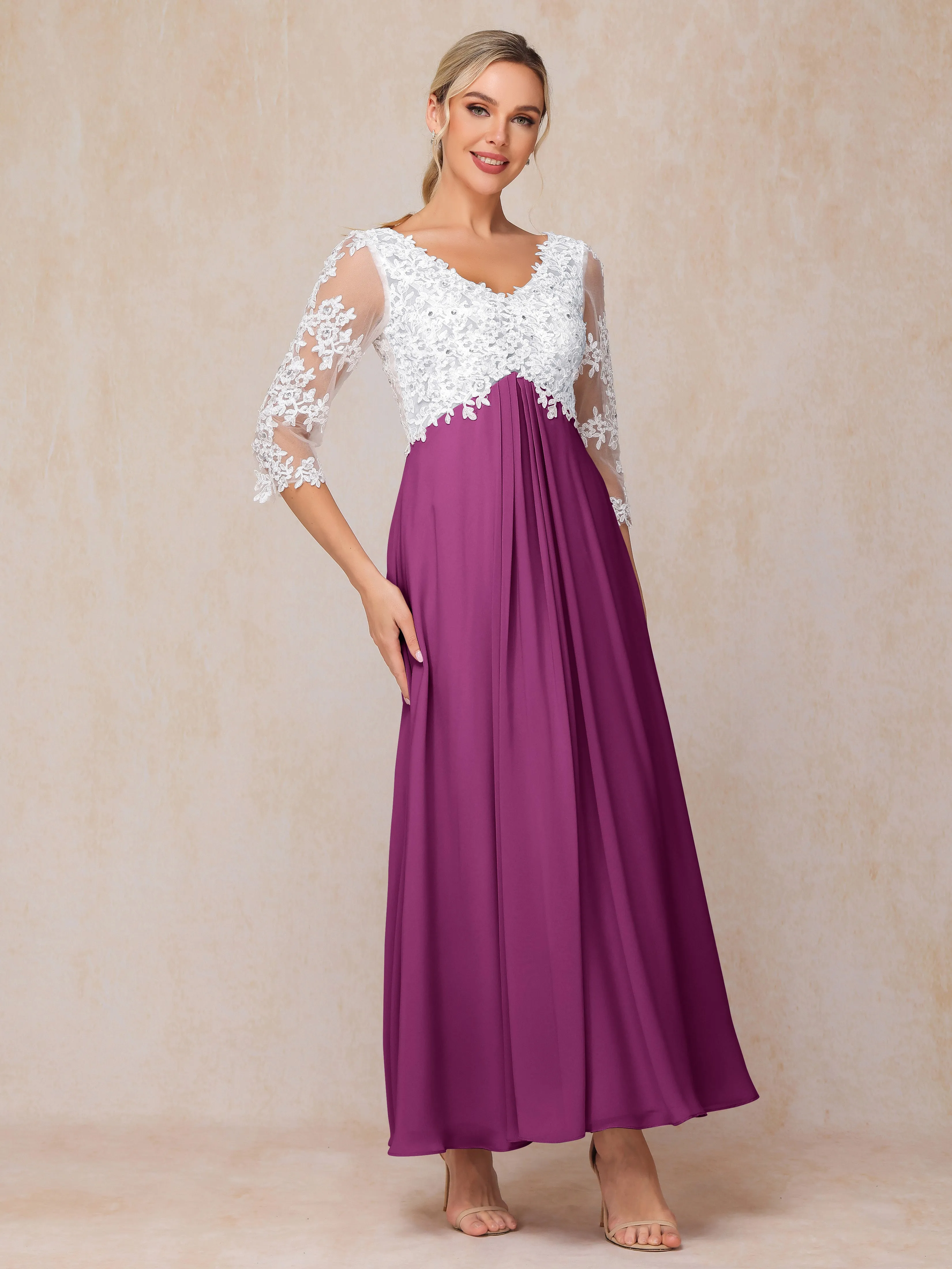 A-Line Lace Sleeves Long Chiffon Mother of the Bride Dress