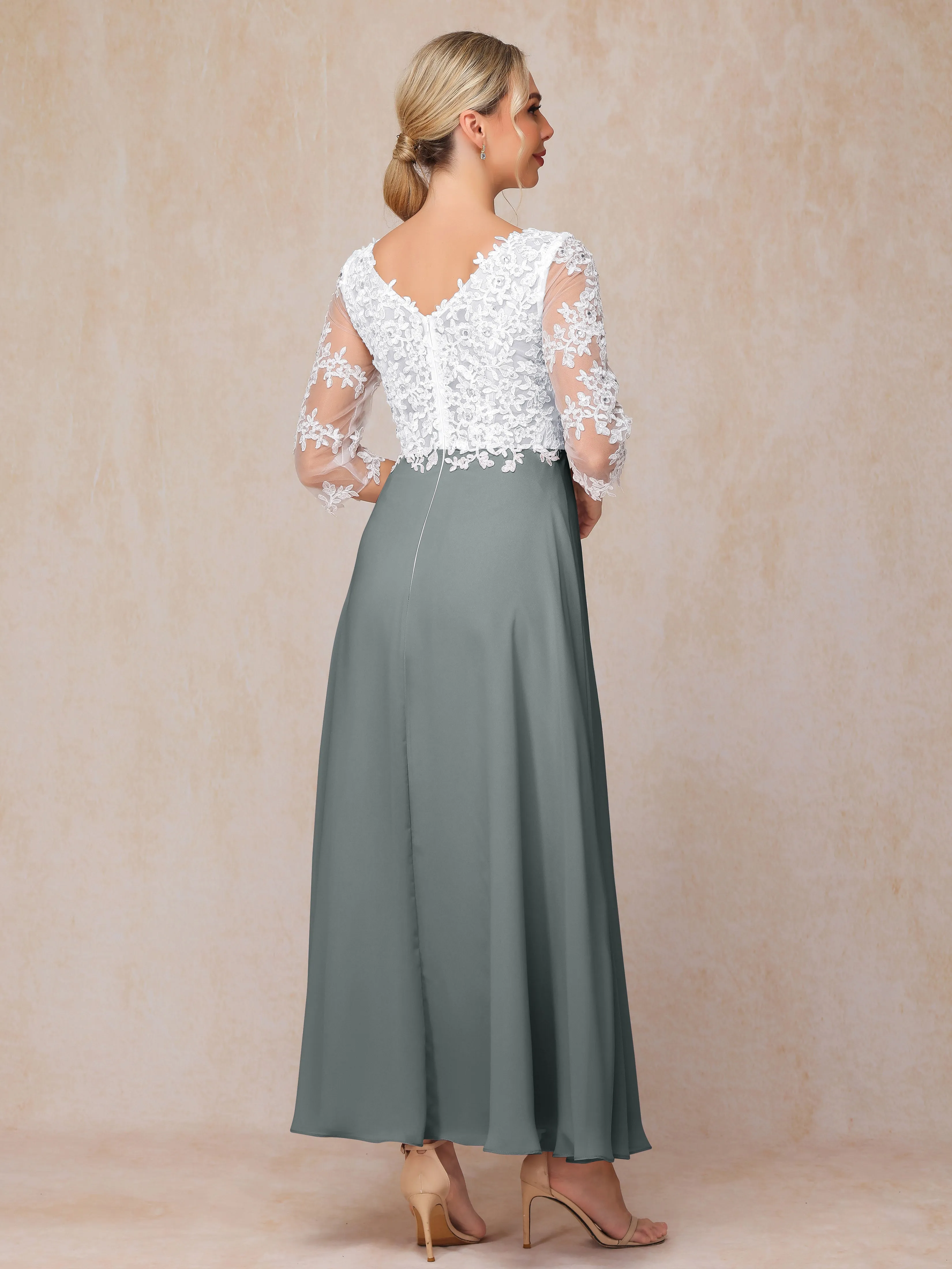 A-Line Lace Sleeves Long Chiffon Mother of the Bride Dress