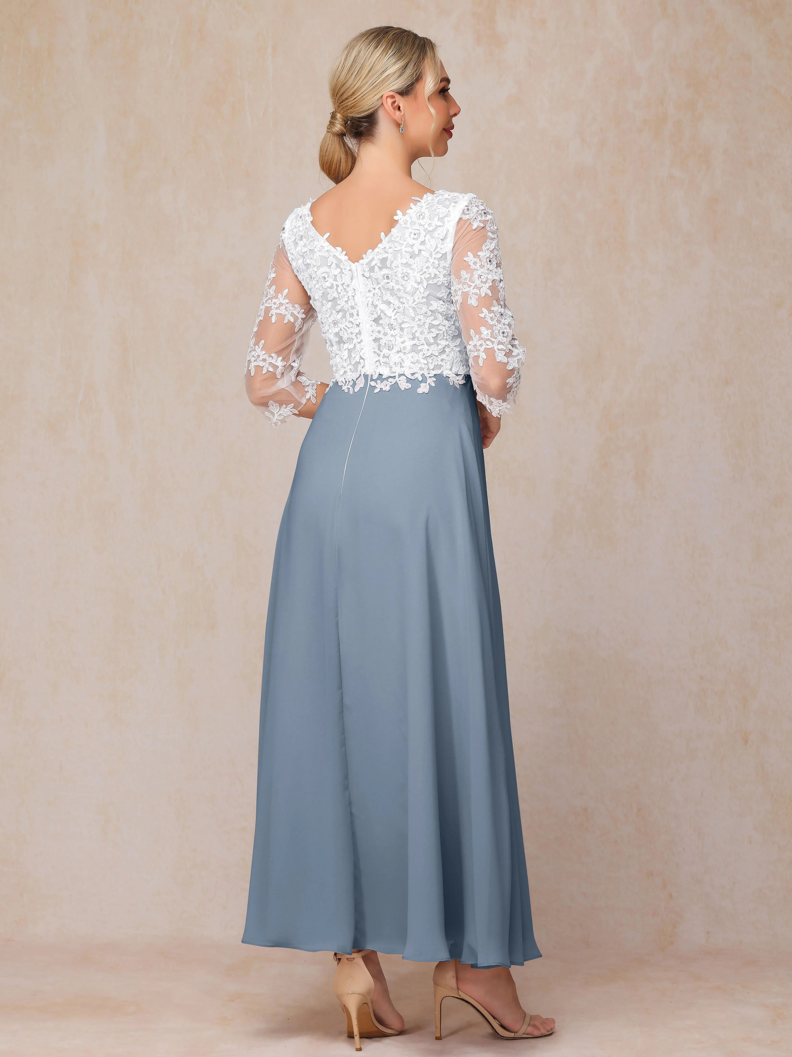 A-Line Lace Sleeves Long Chiffon Mother of the Bride Dress