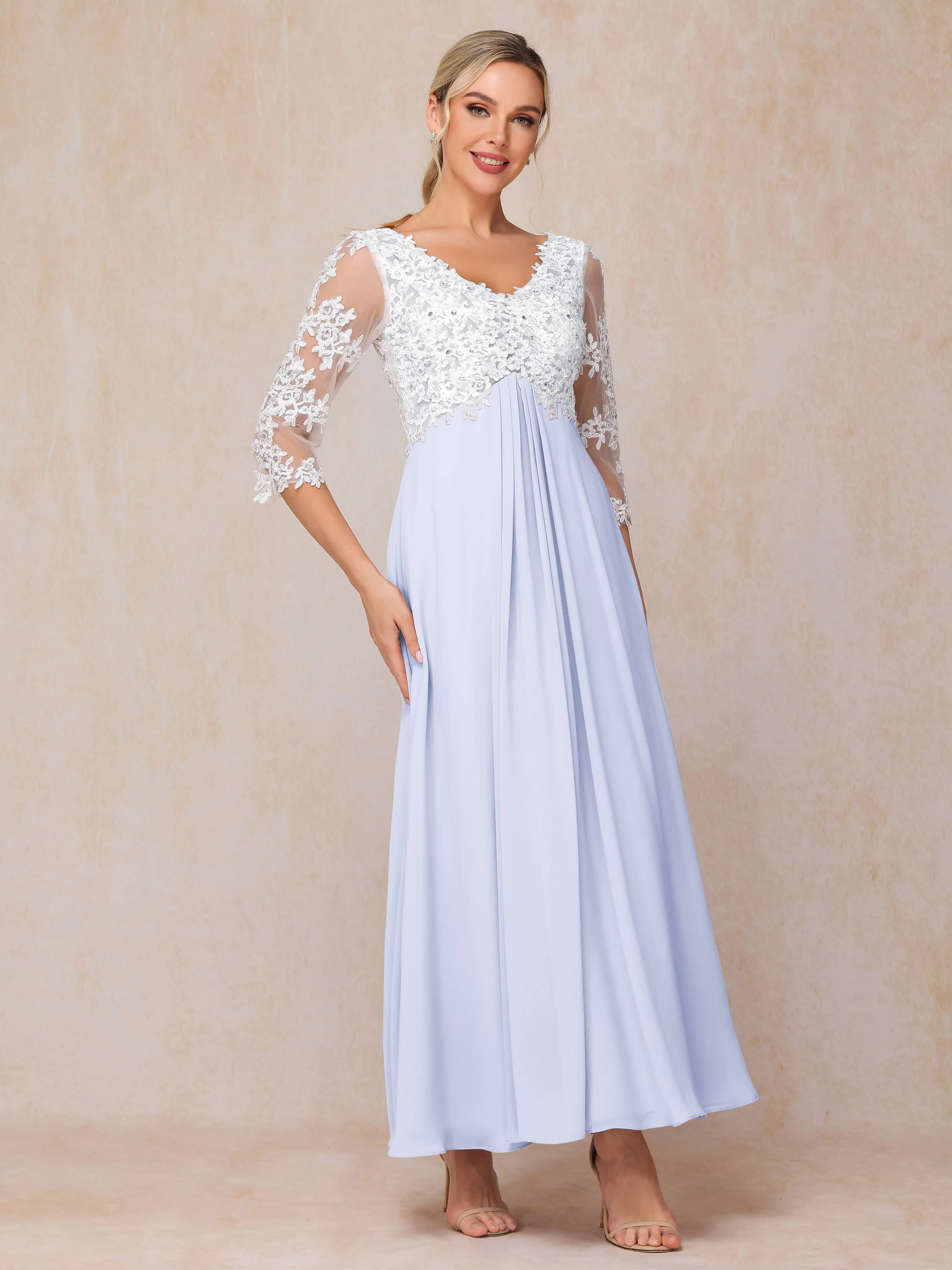 A-Line Lace Sleeves Long Chiffon Mother of the Bride Dress