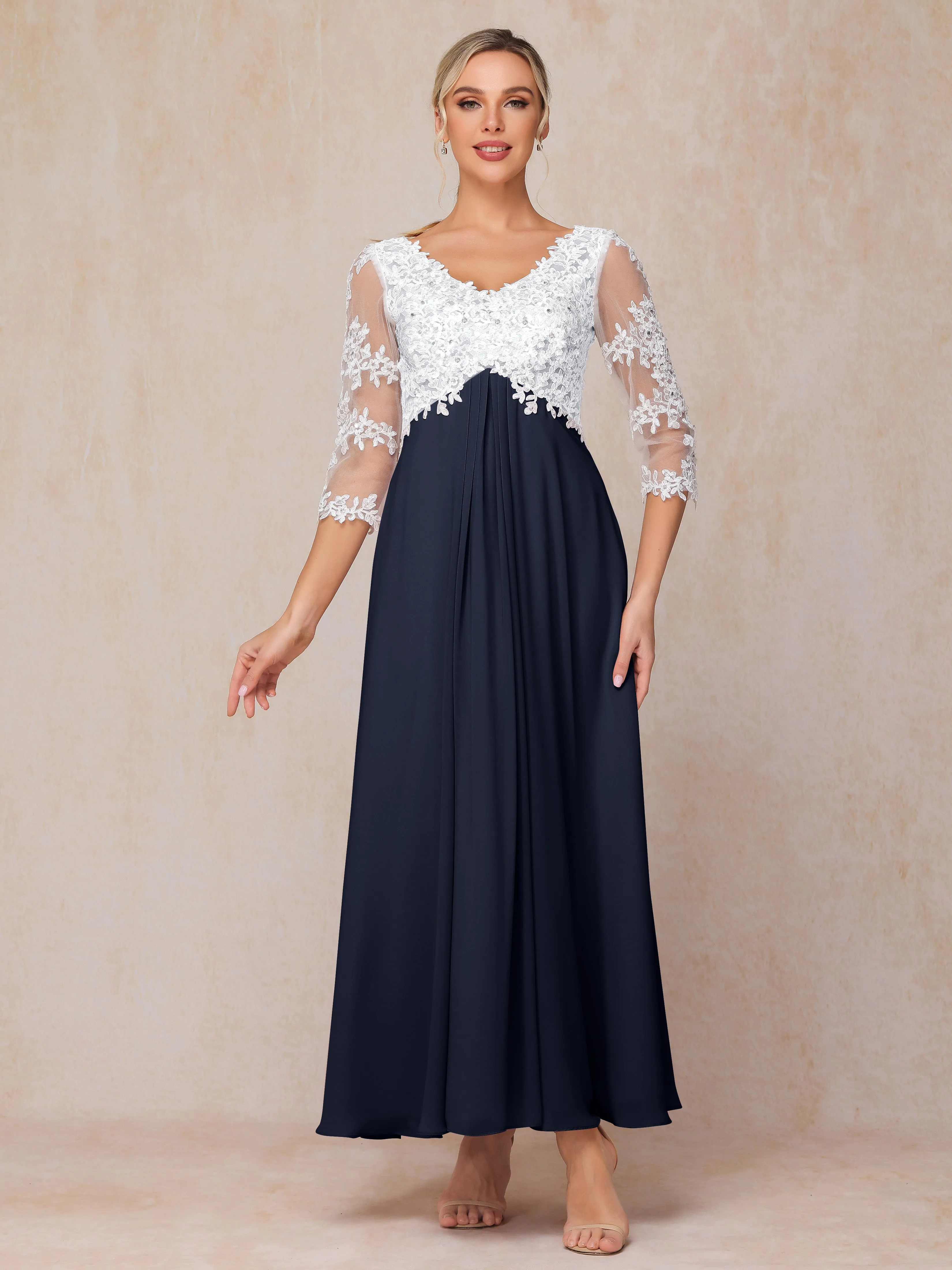 A-Line Lace Sleeves Long Chiffon Mother of the Bride Dress