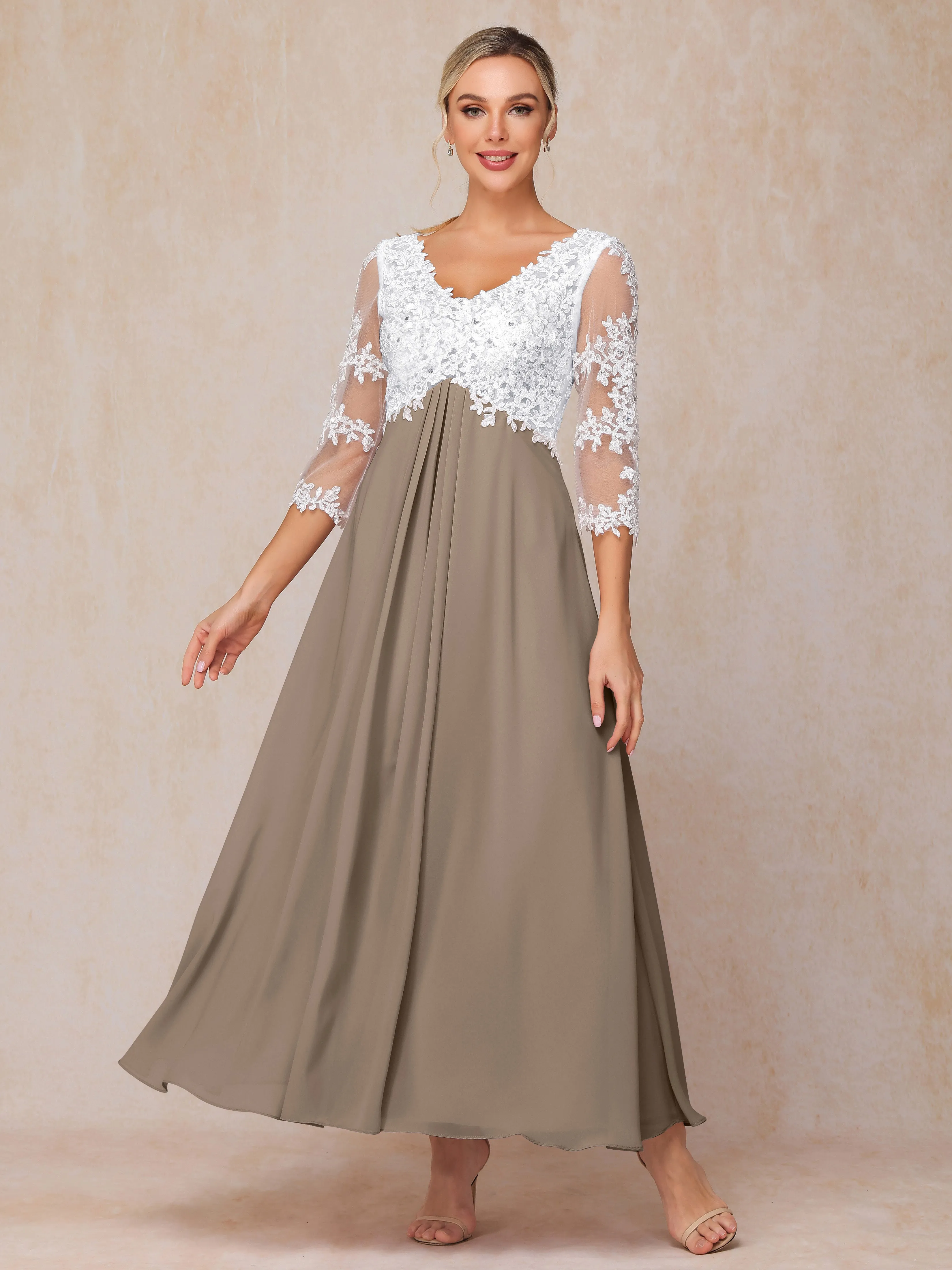 A-Line Lace Sleeves Long Chiffon Mother of the Bride Dress