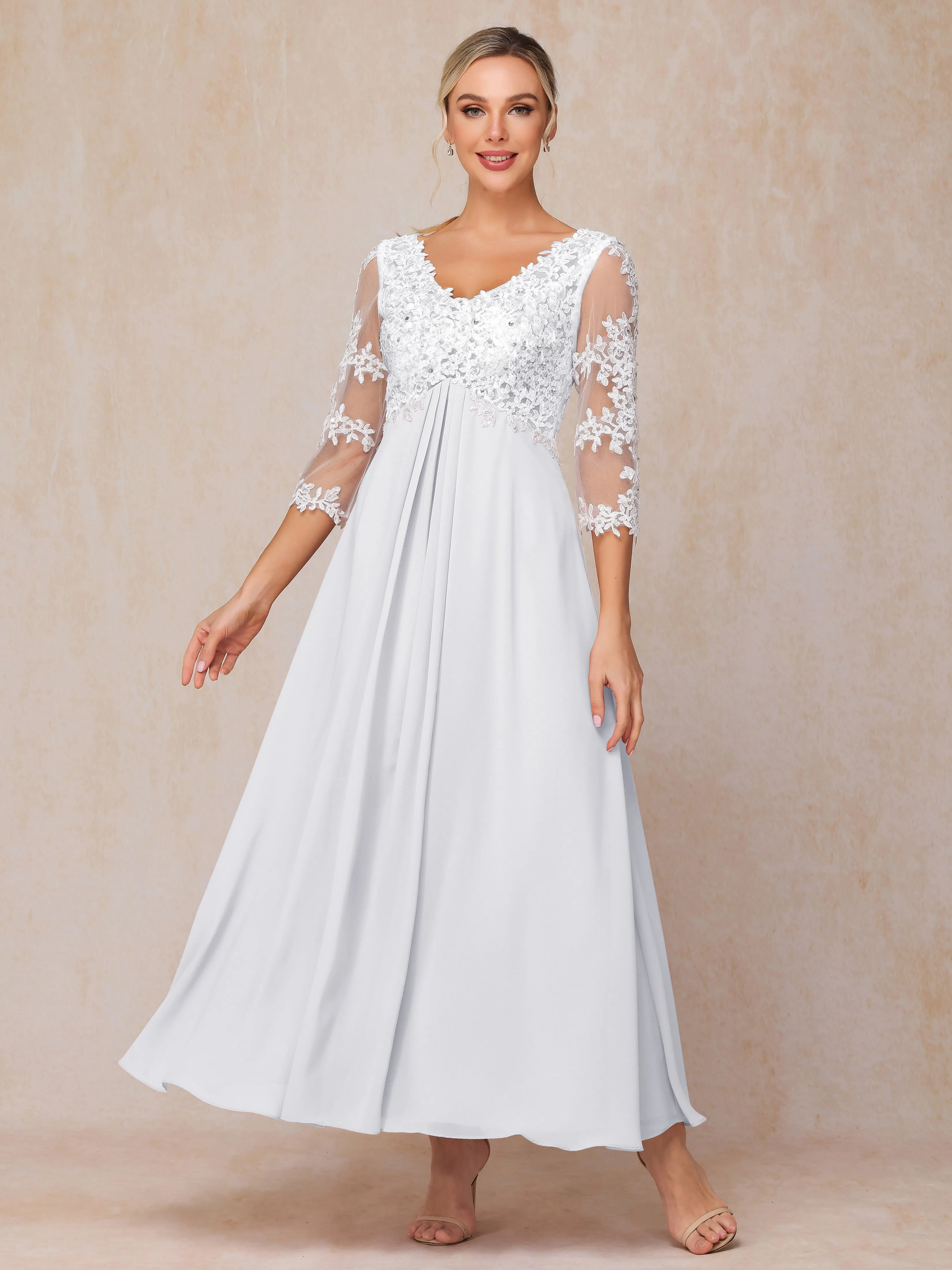 A-Line Lace Sleeves Long Chiffon Mother of the Bride Dress